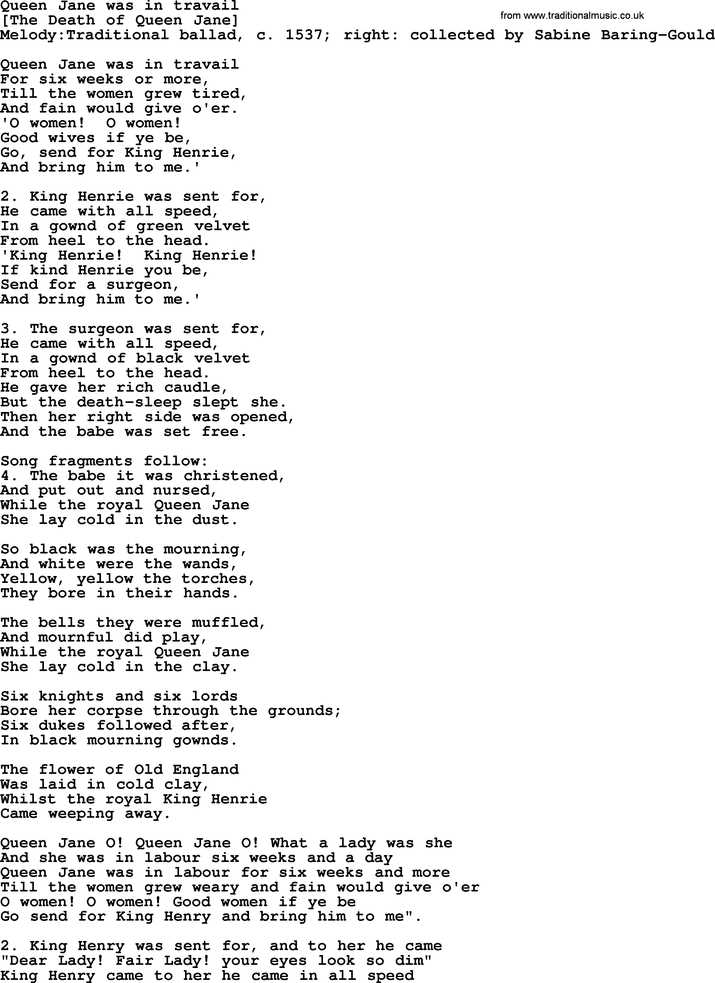 Old English Song: Queen Jane Was In Travail lyrics