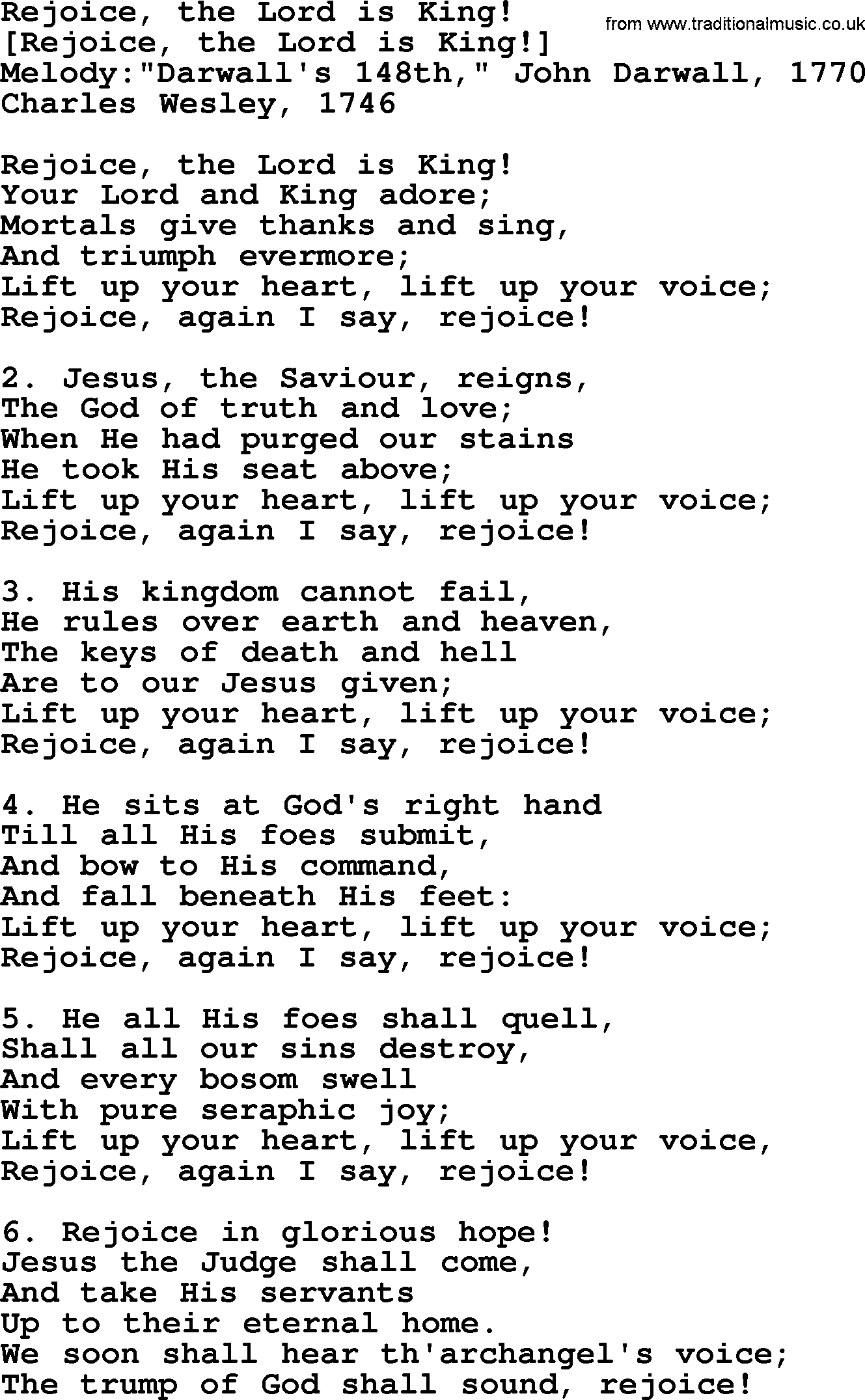 Old English Song: Rejoice, The Lord Is King! lyrics