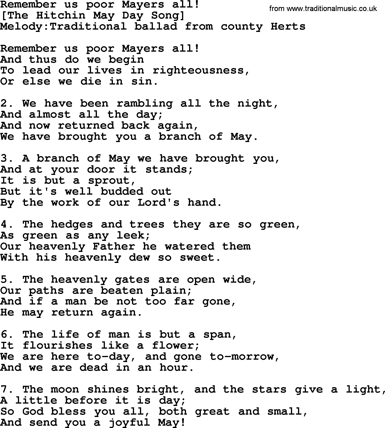 Old English Song: Remember Us Poor Mayers All! lyrics