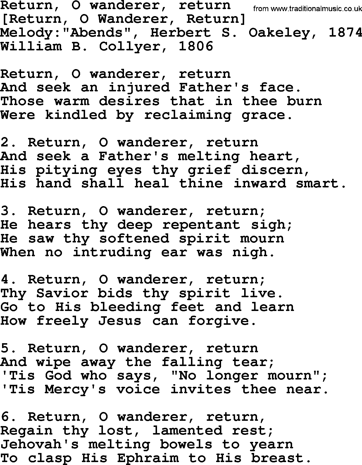 Old English Song: Return, O Wanderer, Return lyrics