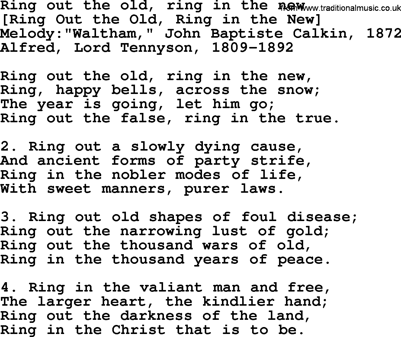 Old English Song: Ring Out The Old, Ring In The New lyrics