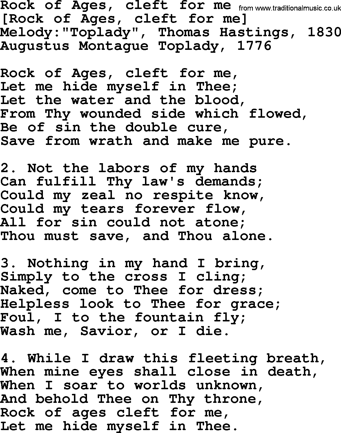 Old English Song: Rock Of Ages, Cleft For Me lyrics