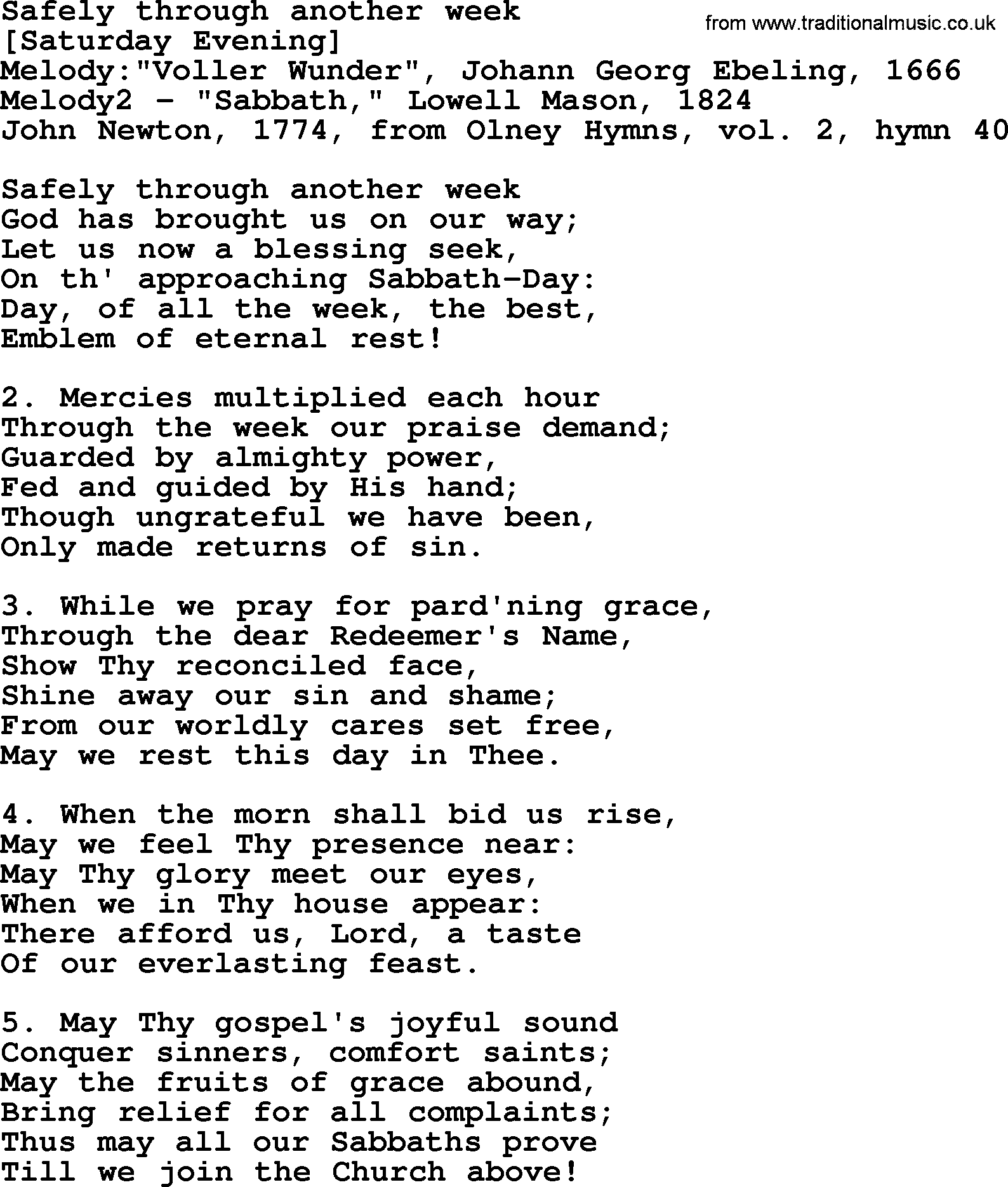 Old English Song: Safely Through Another Week lyrics