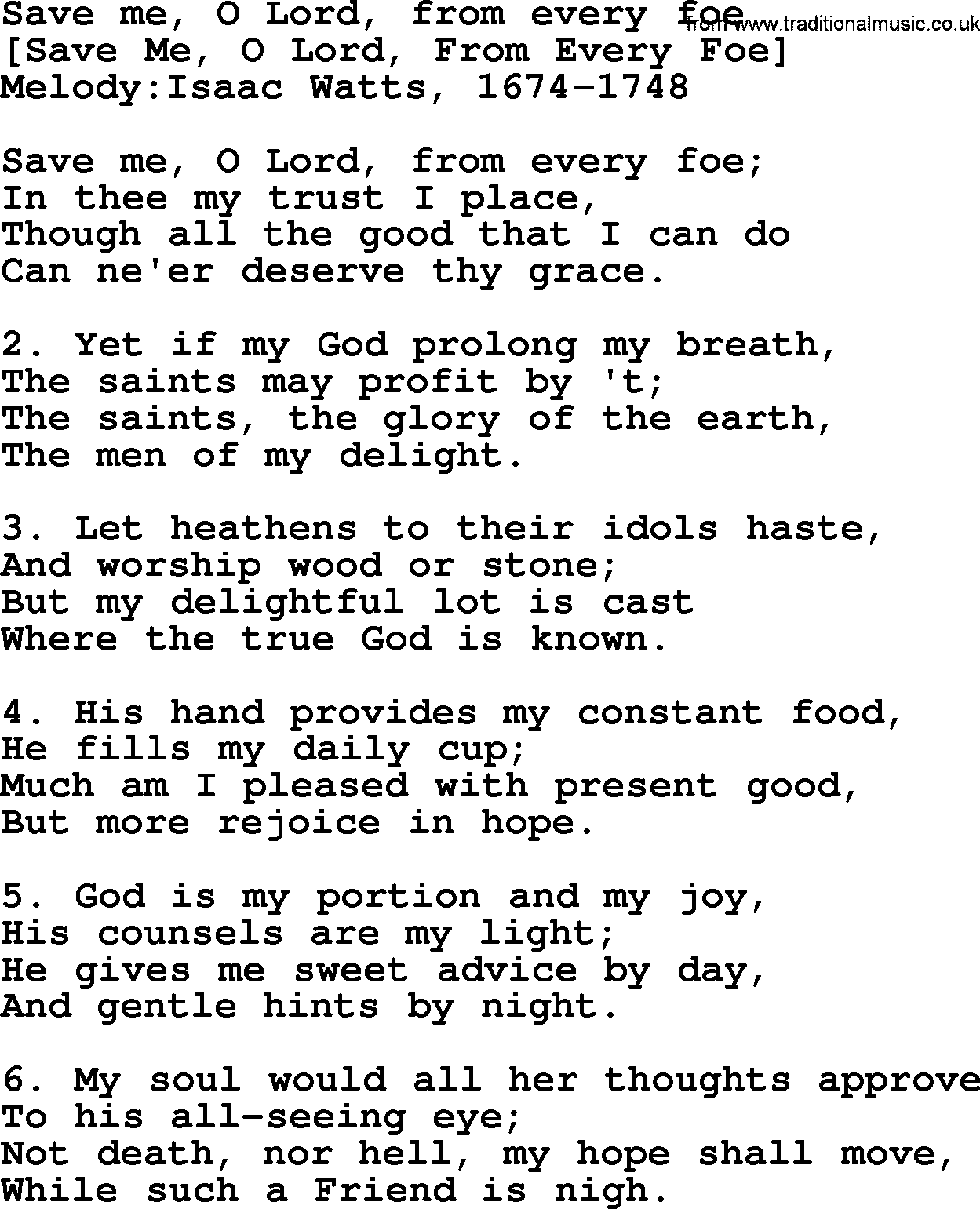 Old English Song: Save Me, O Lord, From Every Foe lyrics
