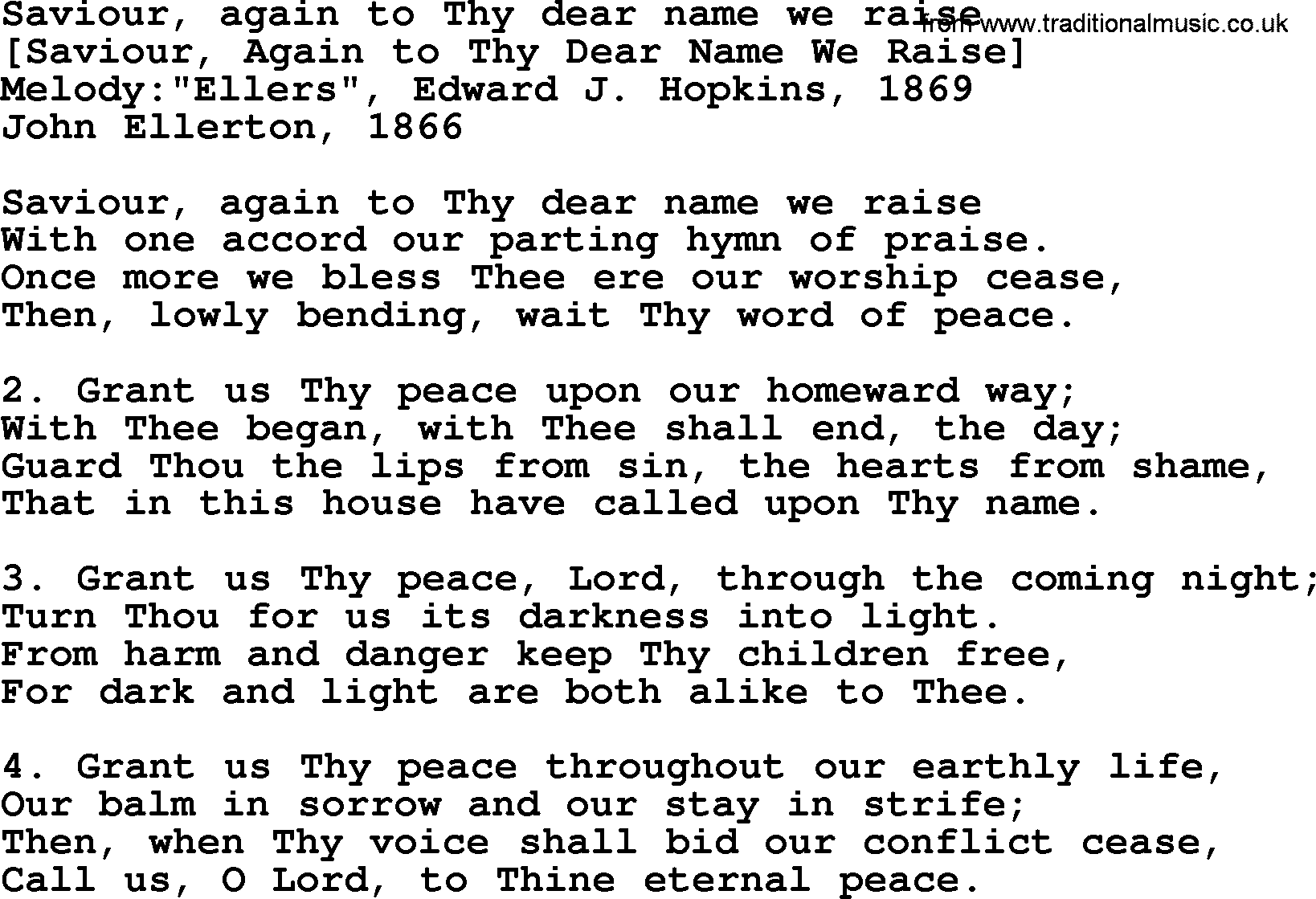 Old English Song: Saviour, Again To Thy Dear Name We Raise lyrics
