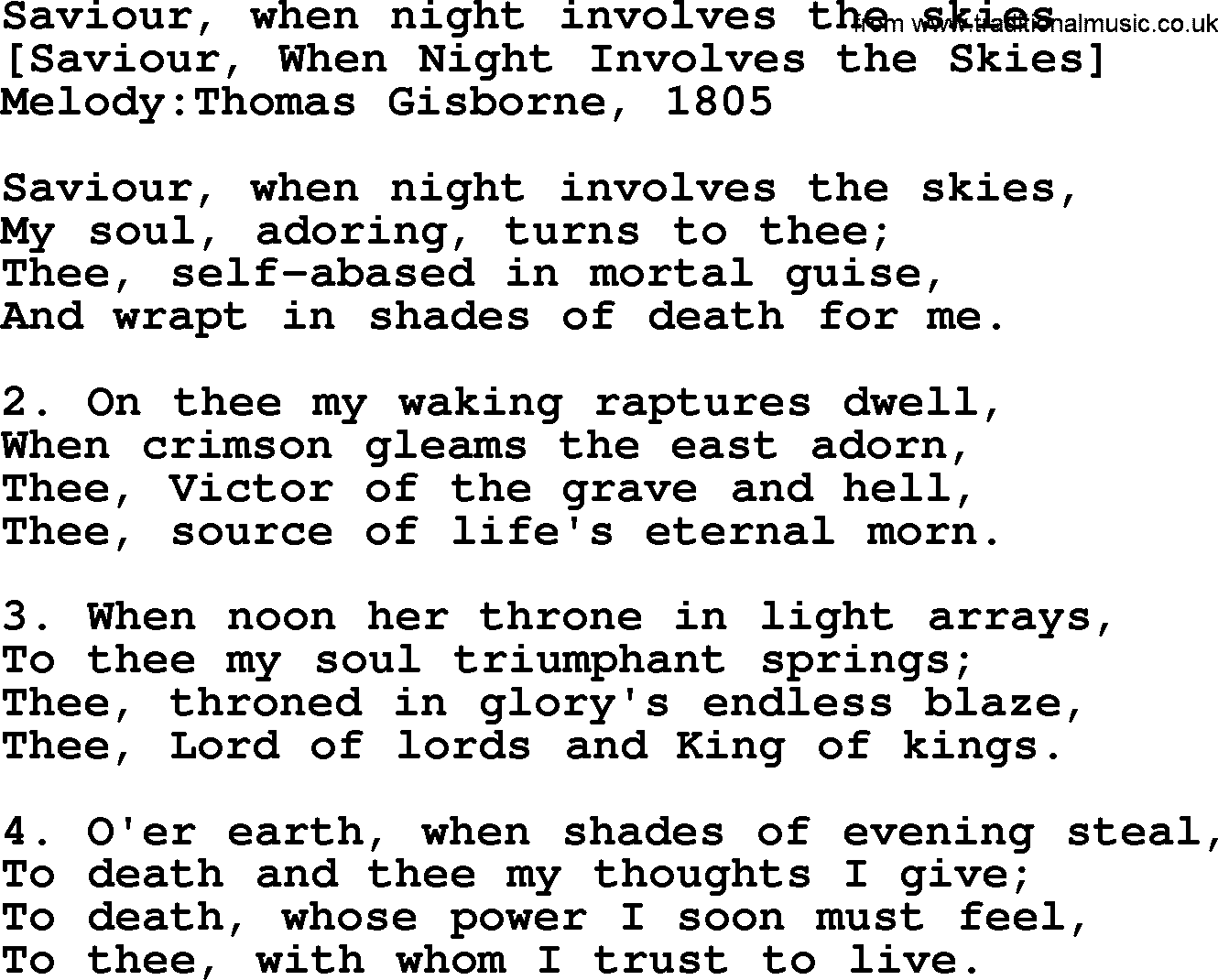 Old English Song: Saviour, When Night Involves The Skies lyrics