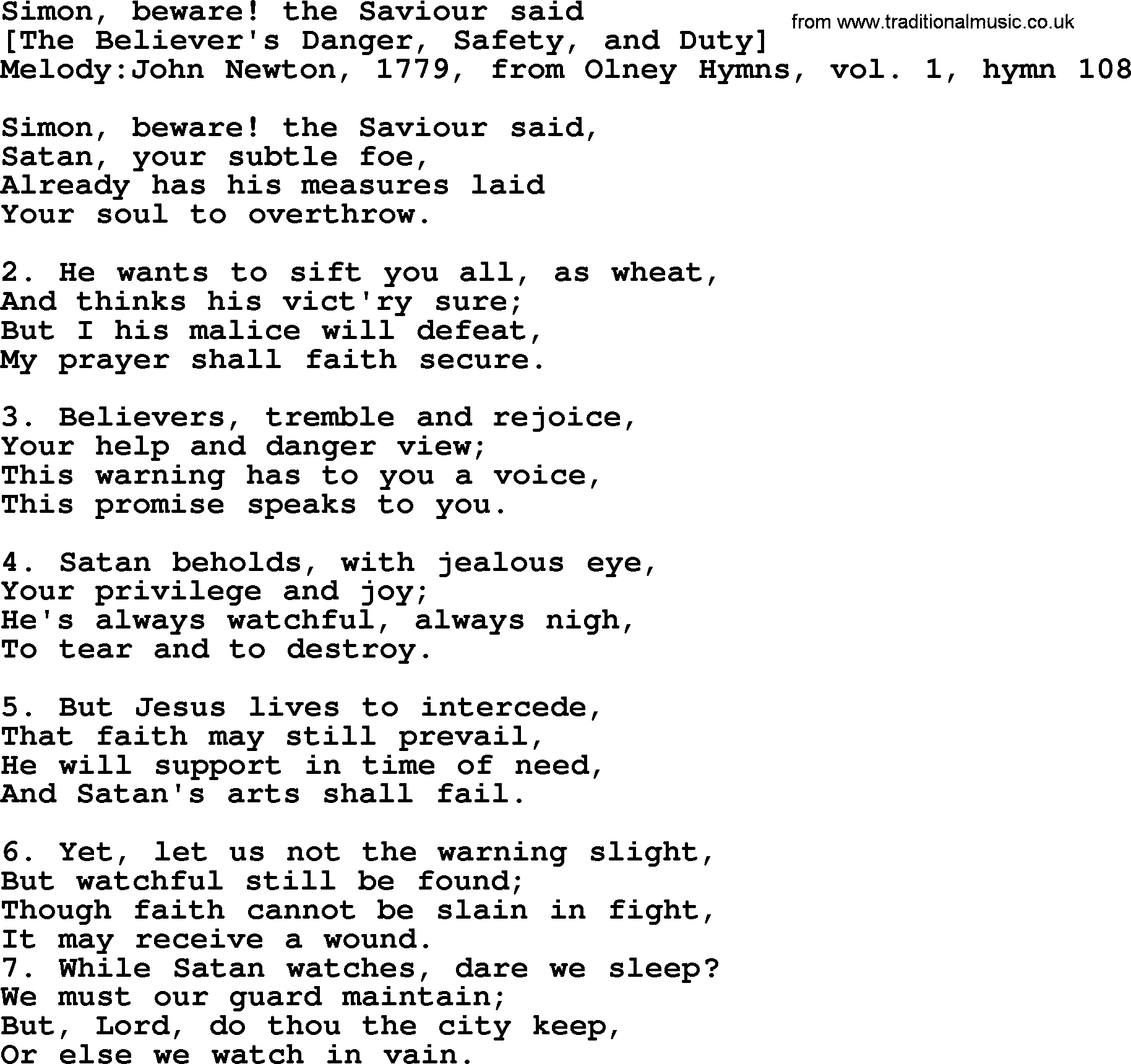 Old English Song: Simon, Beware! The Saviour Said lyrics