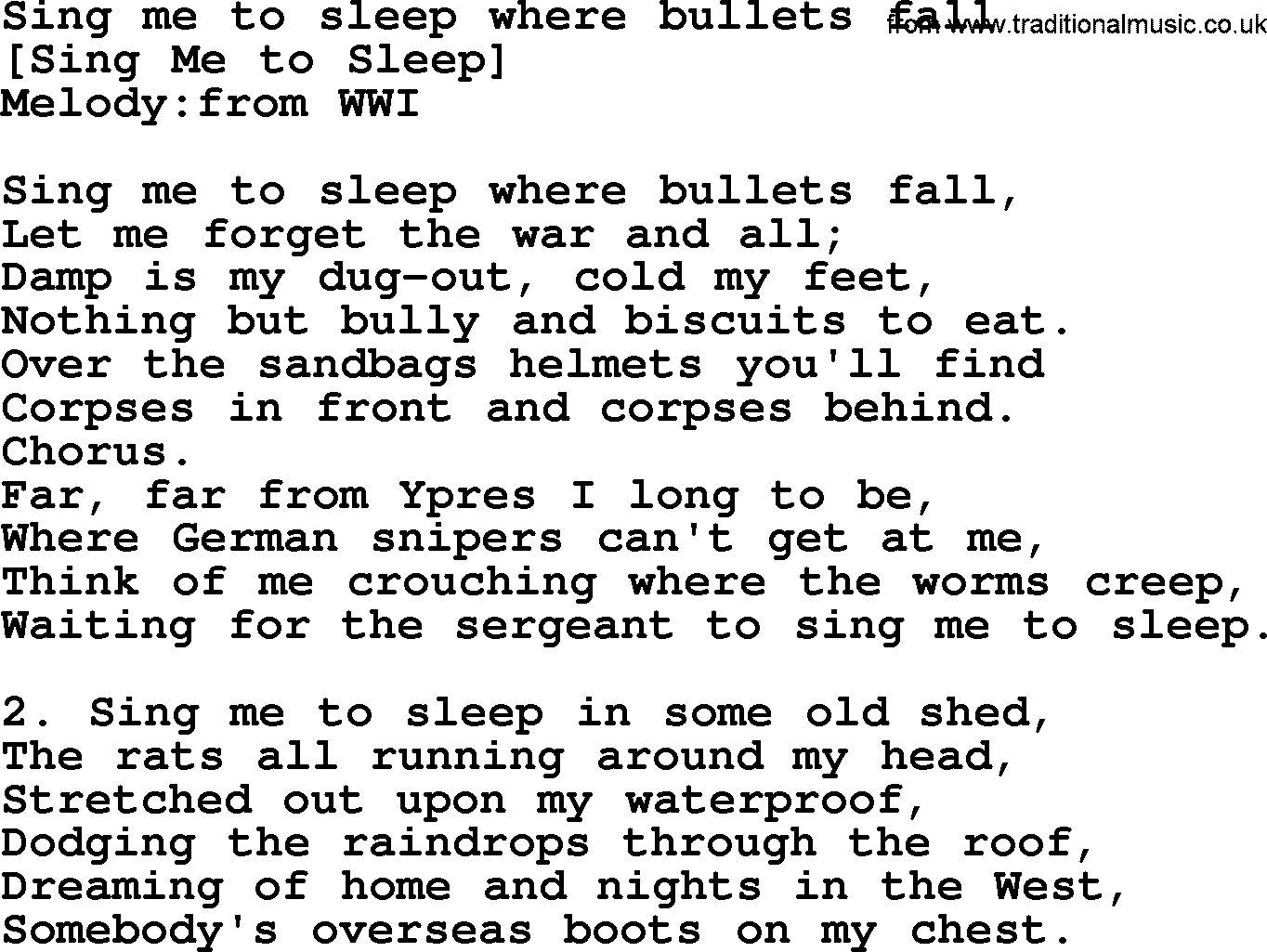Old English Song: Sing Me To Sleep Where Bullets Fall lyrics