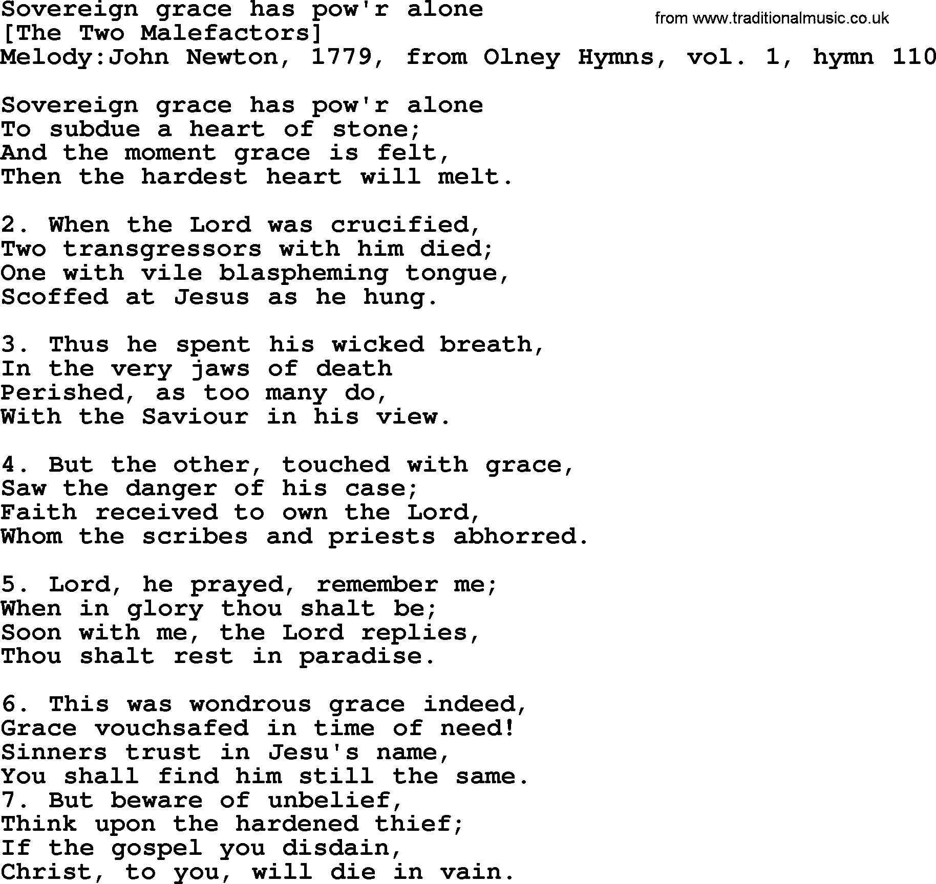 Old English Song: Sovereign Grace Has Pow'r Alone lyrics