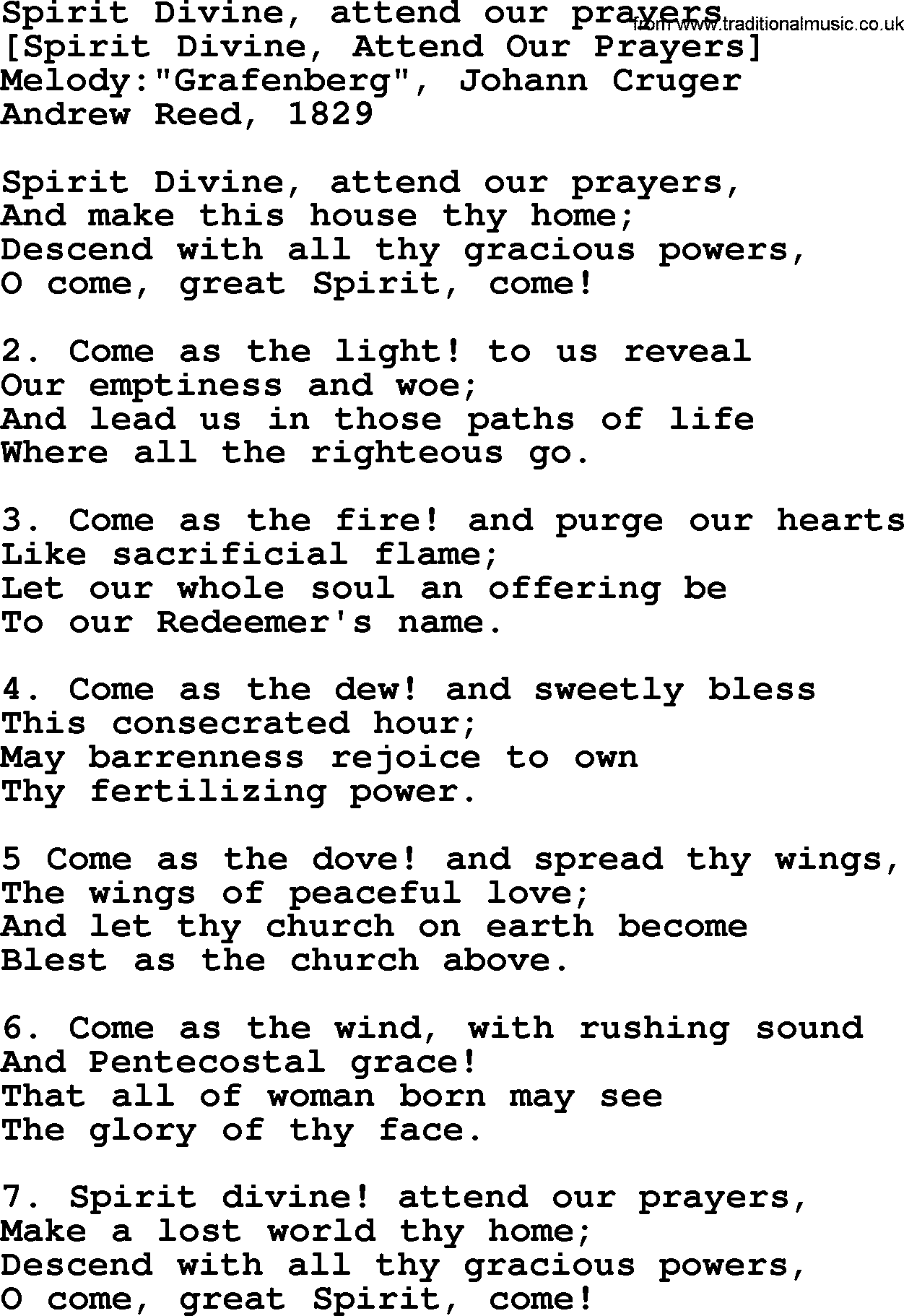 Old English Song: Spirit Divine, Attend Our Prayers lyrics