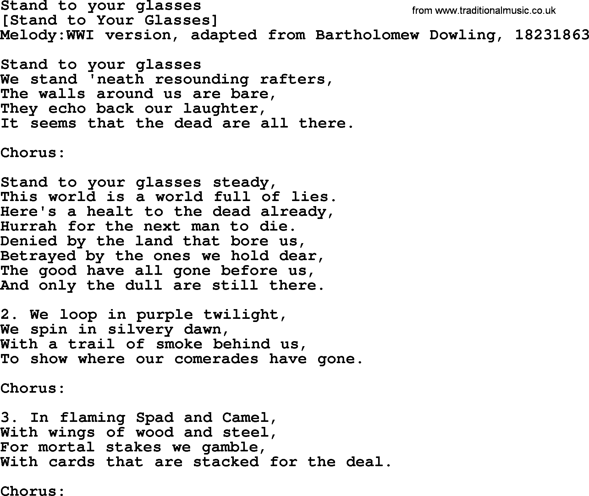 Old English Song: Stand To Your Glasses lyrics