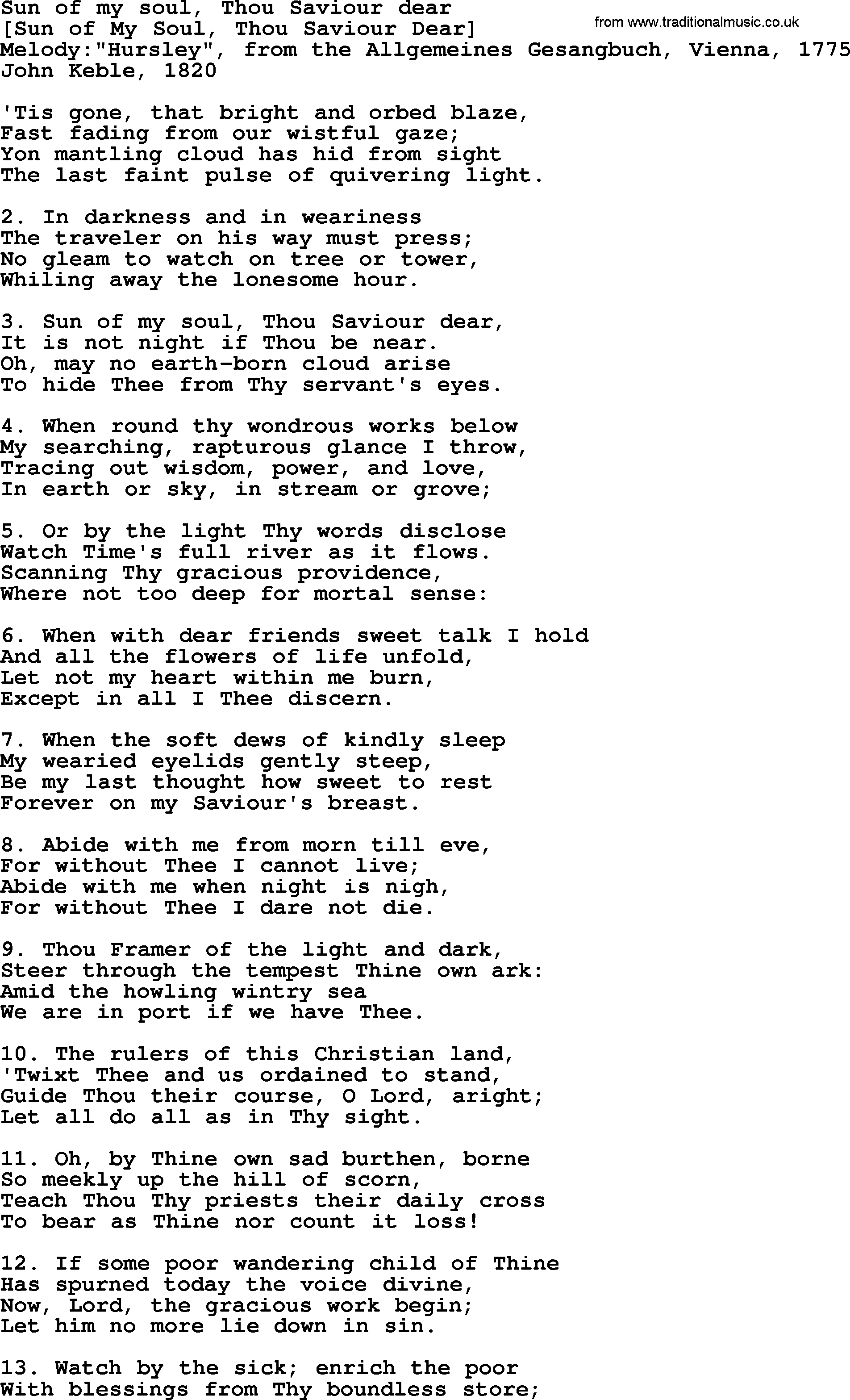 Old English Song: Sun Of My Soul, Thou Saviour Dear lyrics