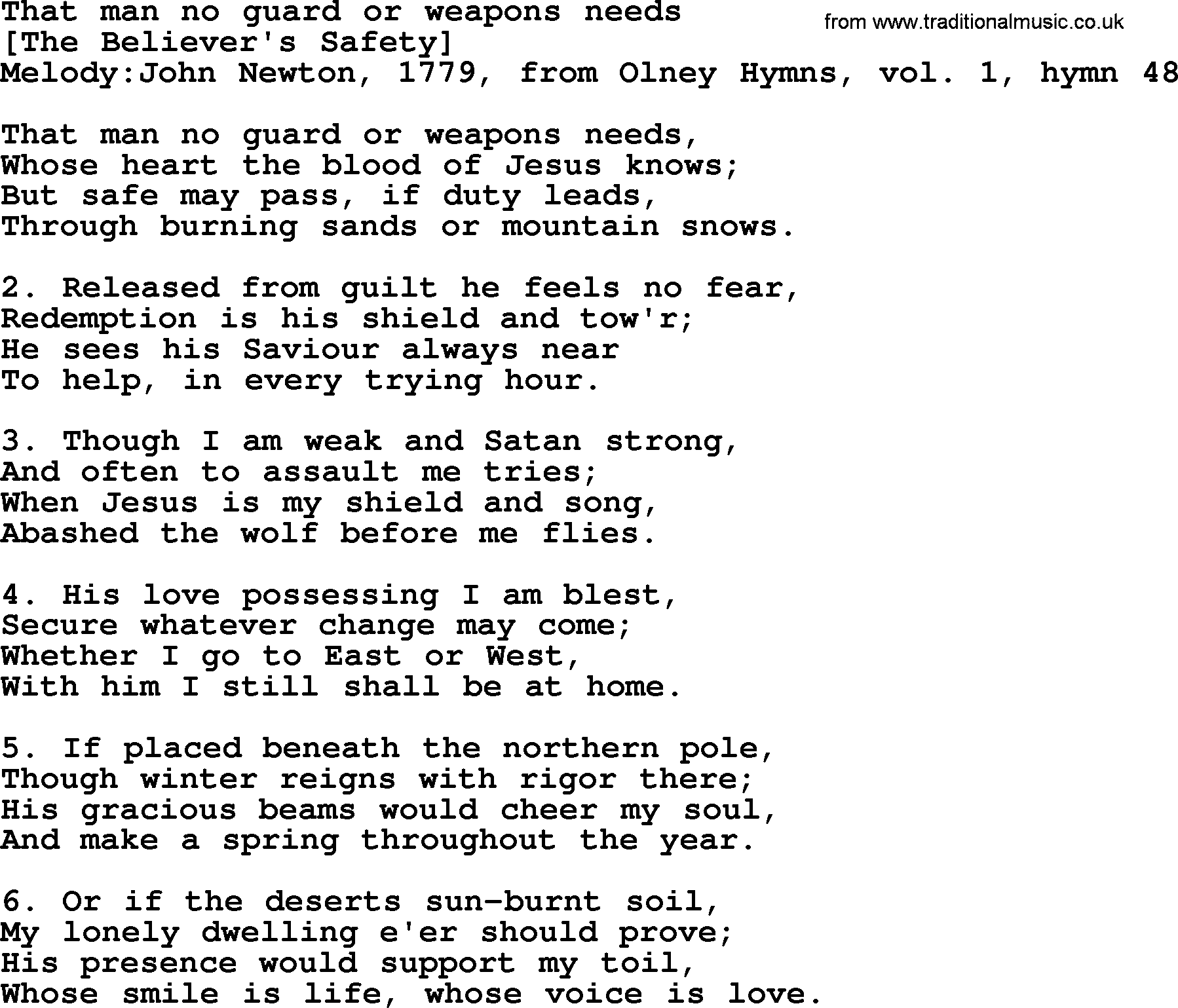 Old English Song: That Man No Guard Or Weapons Needs lyrics