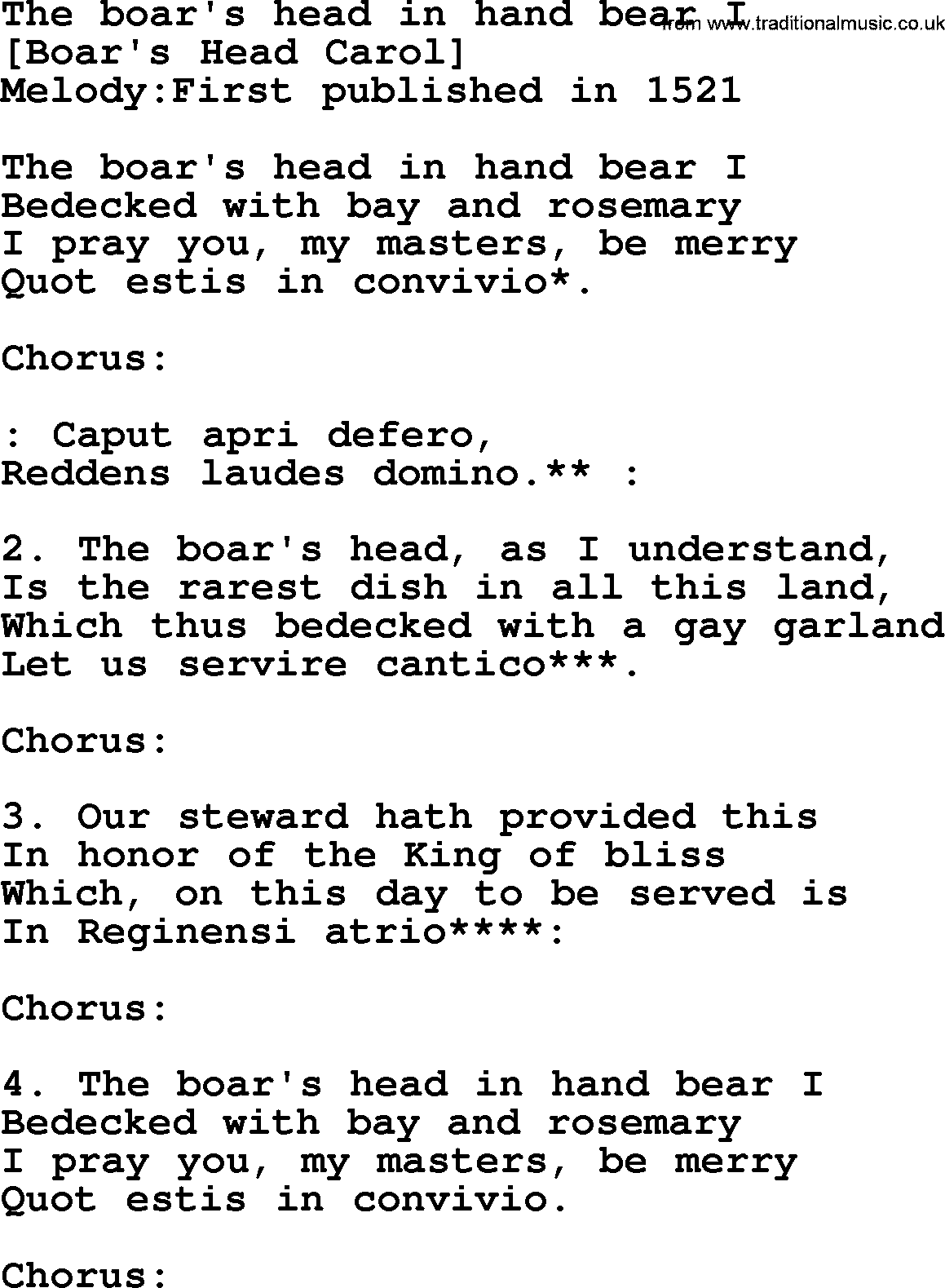 Old English Song: The Boar's Head In Hand Bear I lyrics