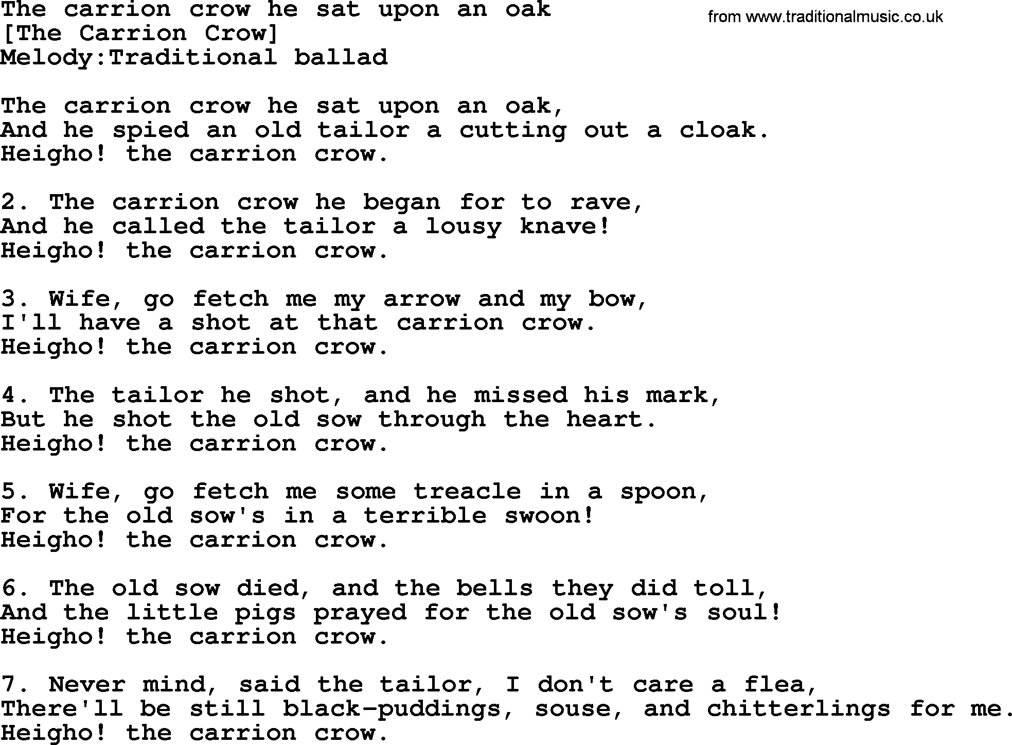 Old English Song: The Carrion Crow He Sat Upon An Oak lyrics