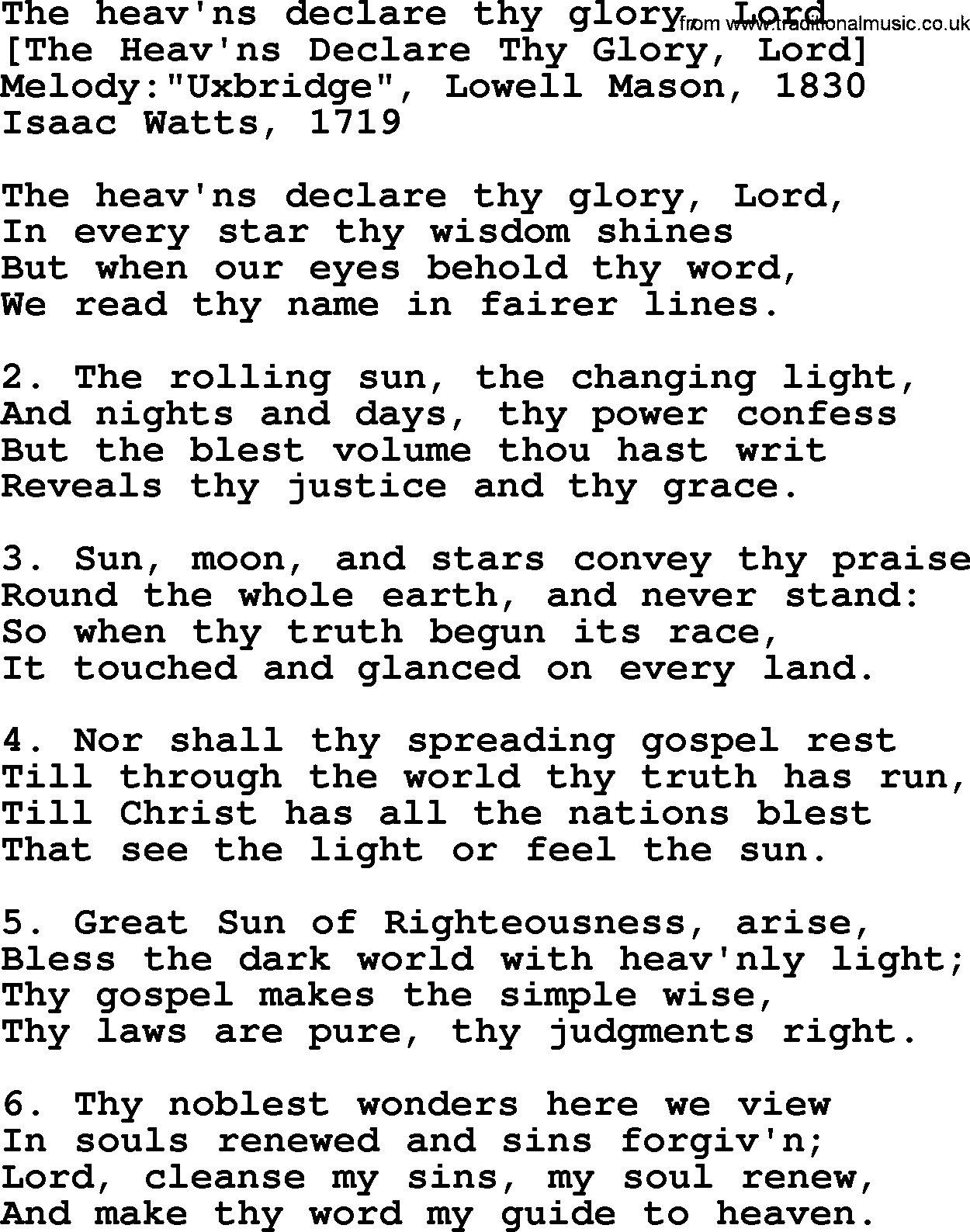 Old English Song: The Heav'ns Declare Thy Glory, Lord lyrics