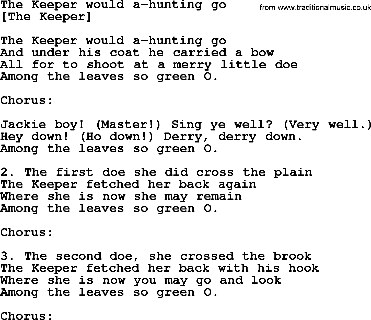 Old English Song: The Keeper Would A-Hunting Go lyrics