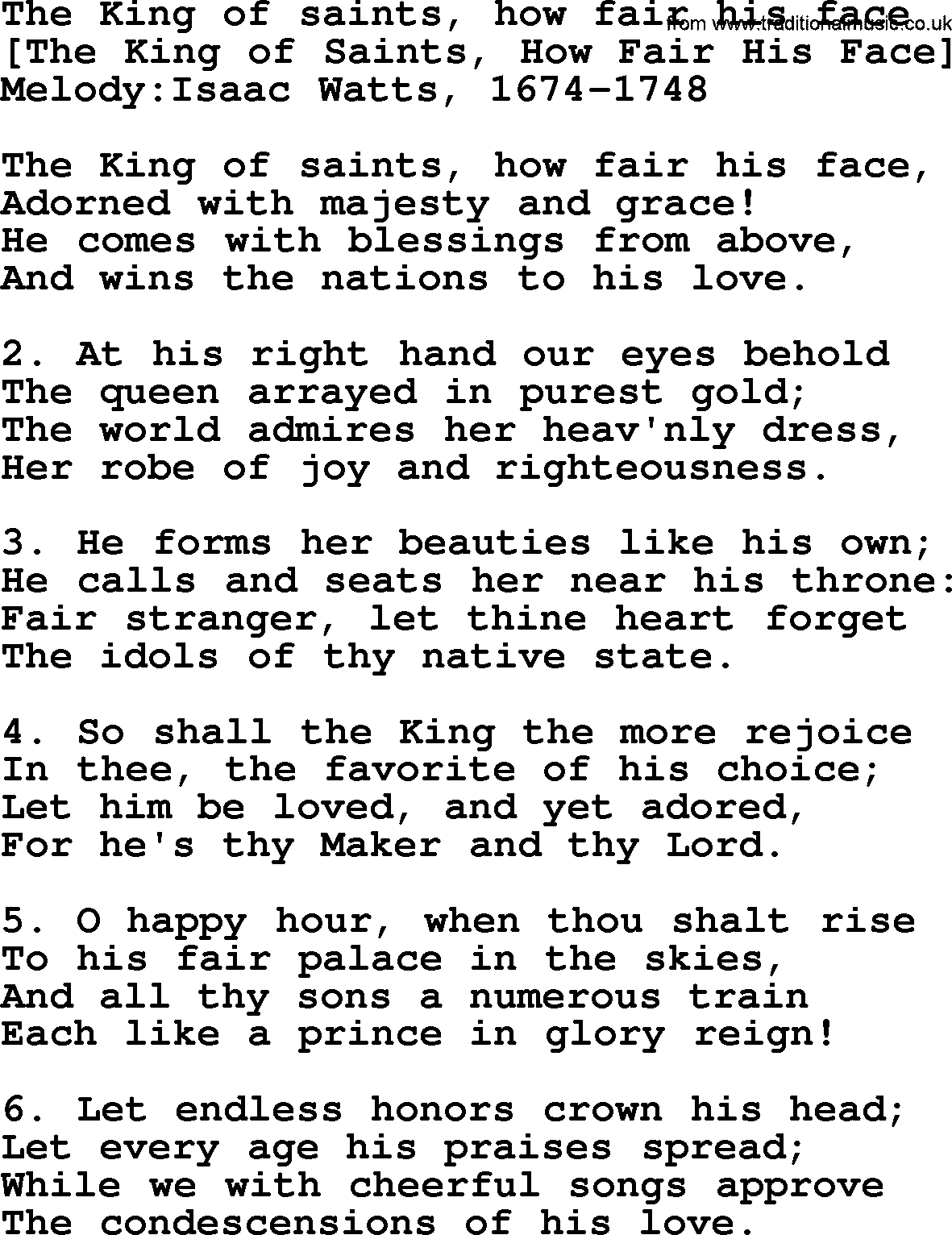 Old English Song: The King Of Saints, How Fair His Face lyrics