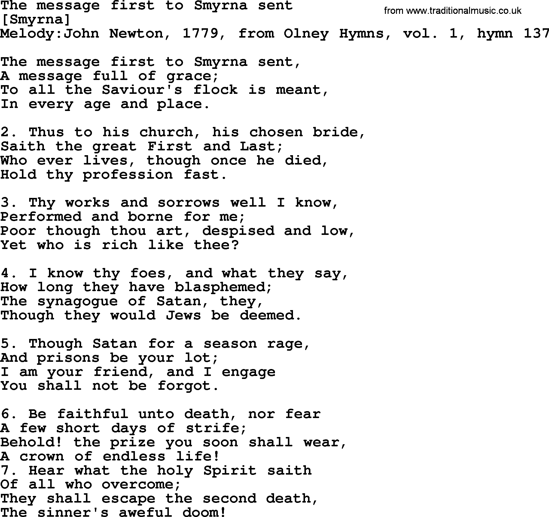 Old English Song: The Message First To Smyrna Sent lyrics