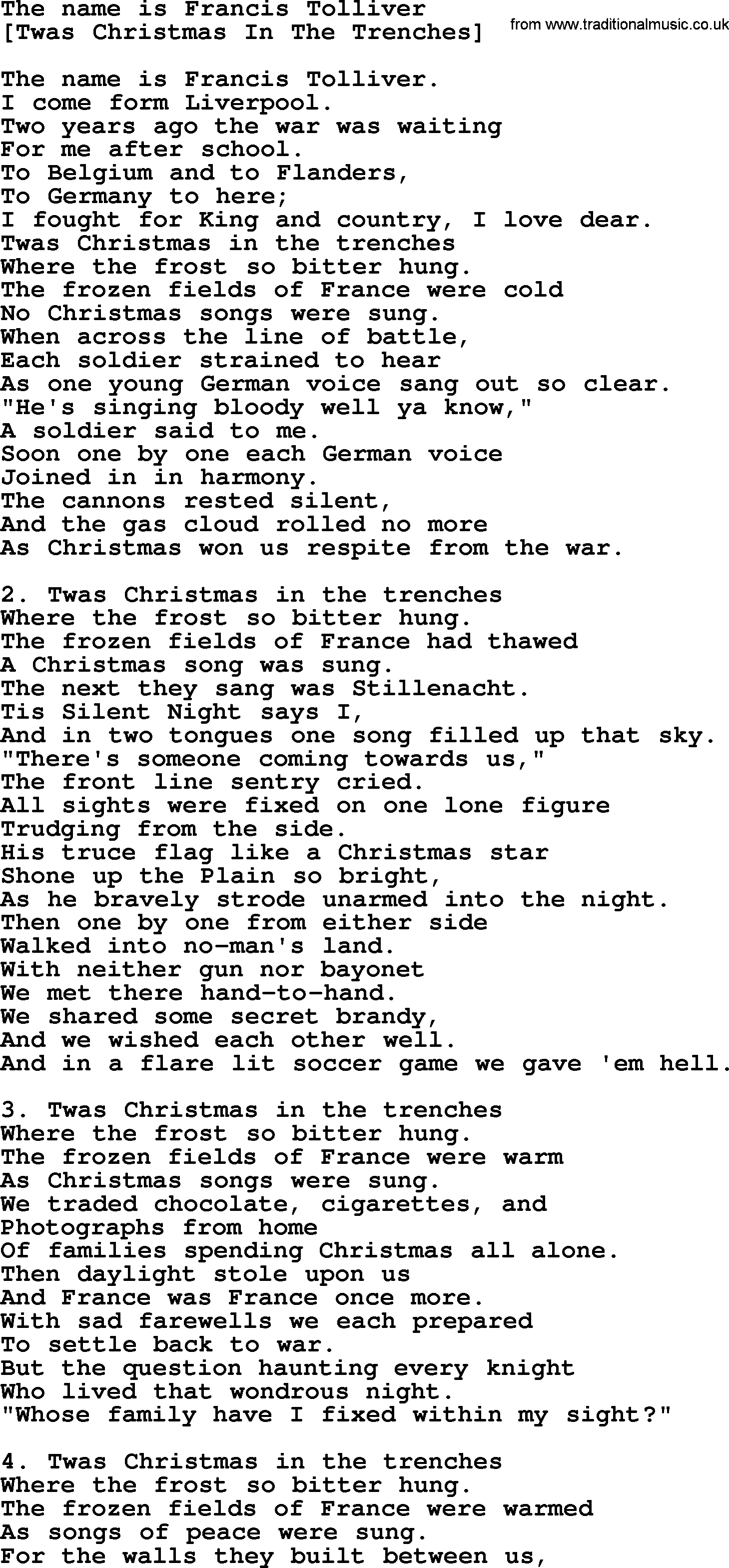 Old English Song: The Name Is Francis Tolliver lyrics
