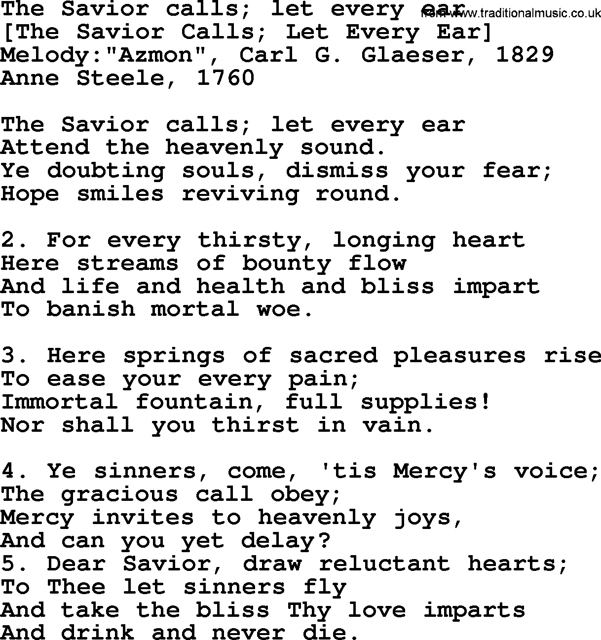Old English Song: The Savior Calls; Let Every Ear lyrics