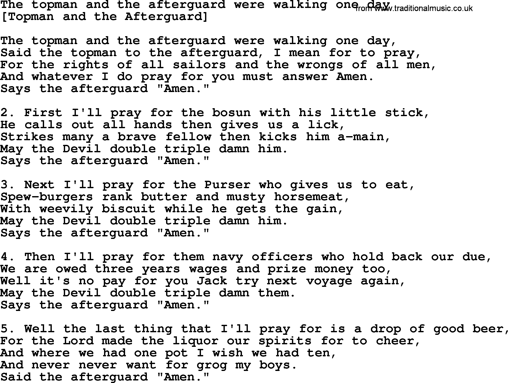 Old English Song: The Topman And The Afterguard Were Walking One Day lyrics