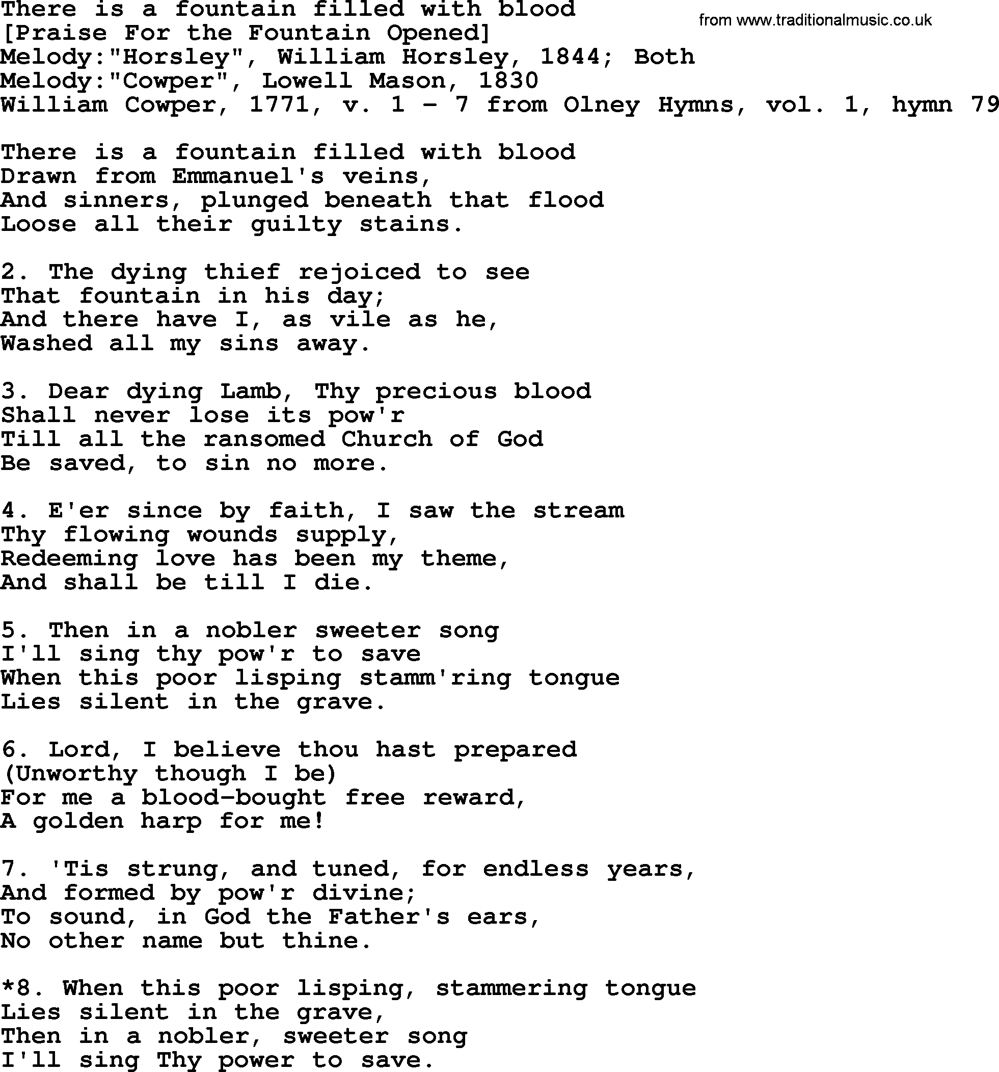 Old English Song: There Is A Fountain Filled With Blood lyrics