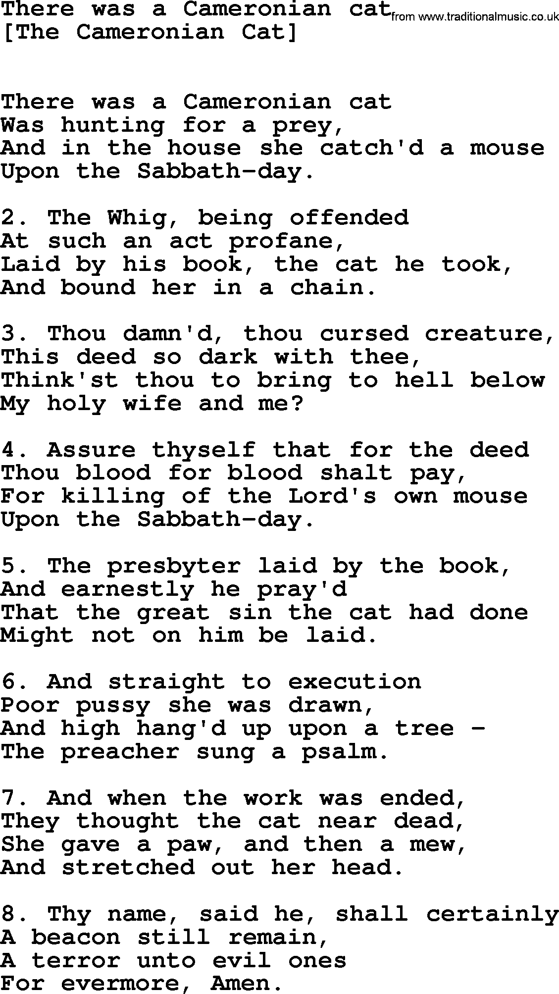 Old English Song: There Was A Cameronian Cat lyrics