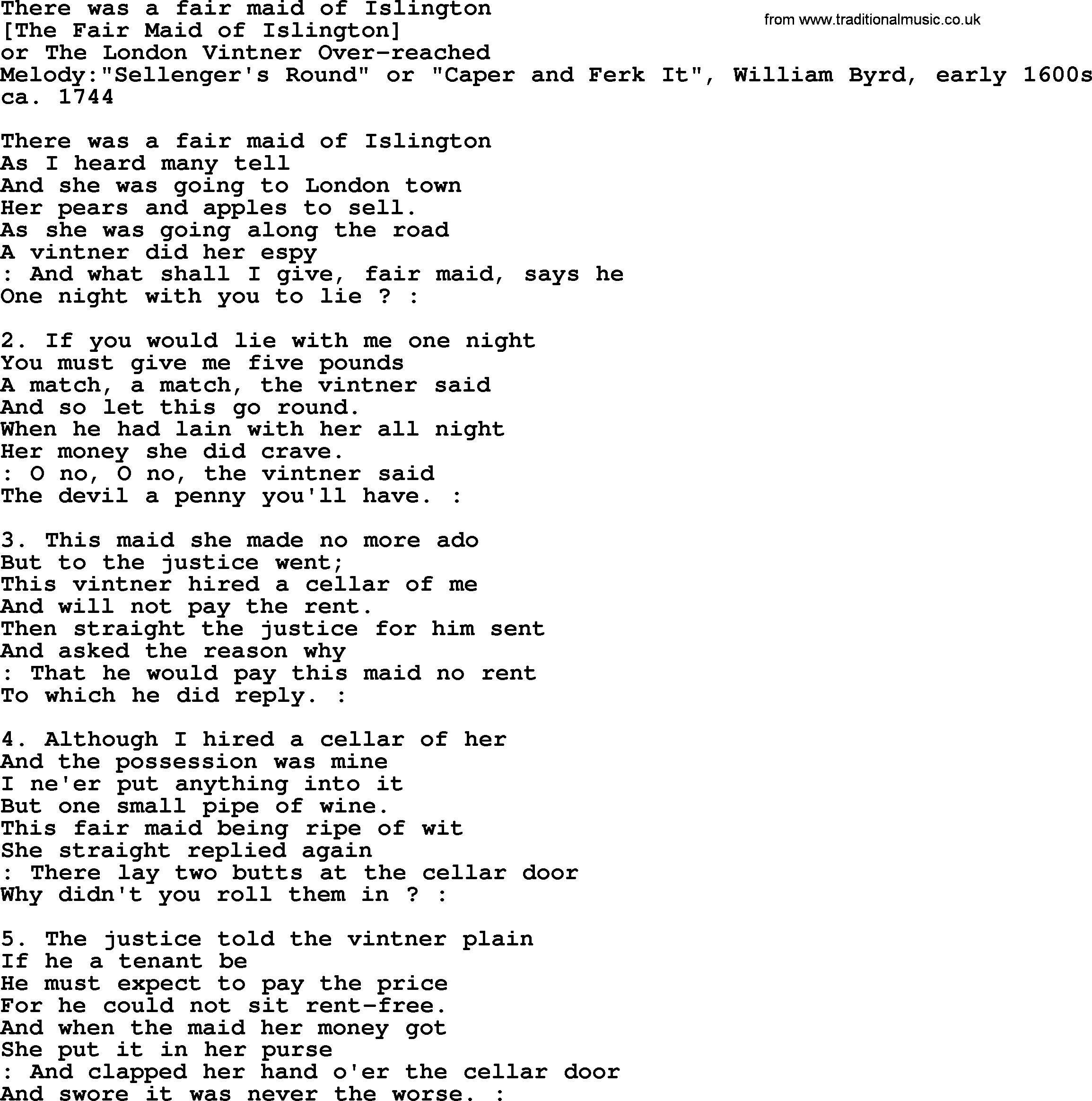 Old English Song: There Was A Fair Maid Of Islington lyrics