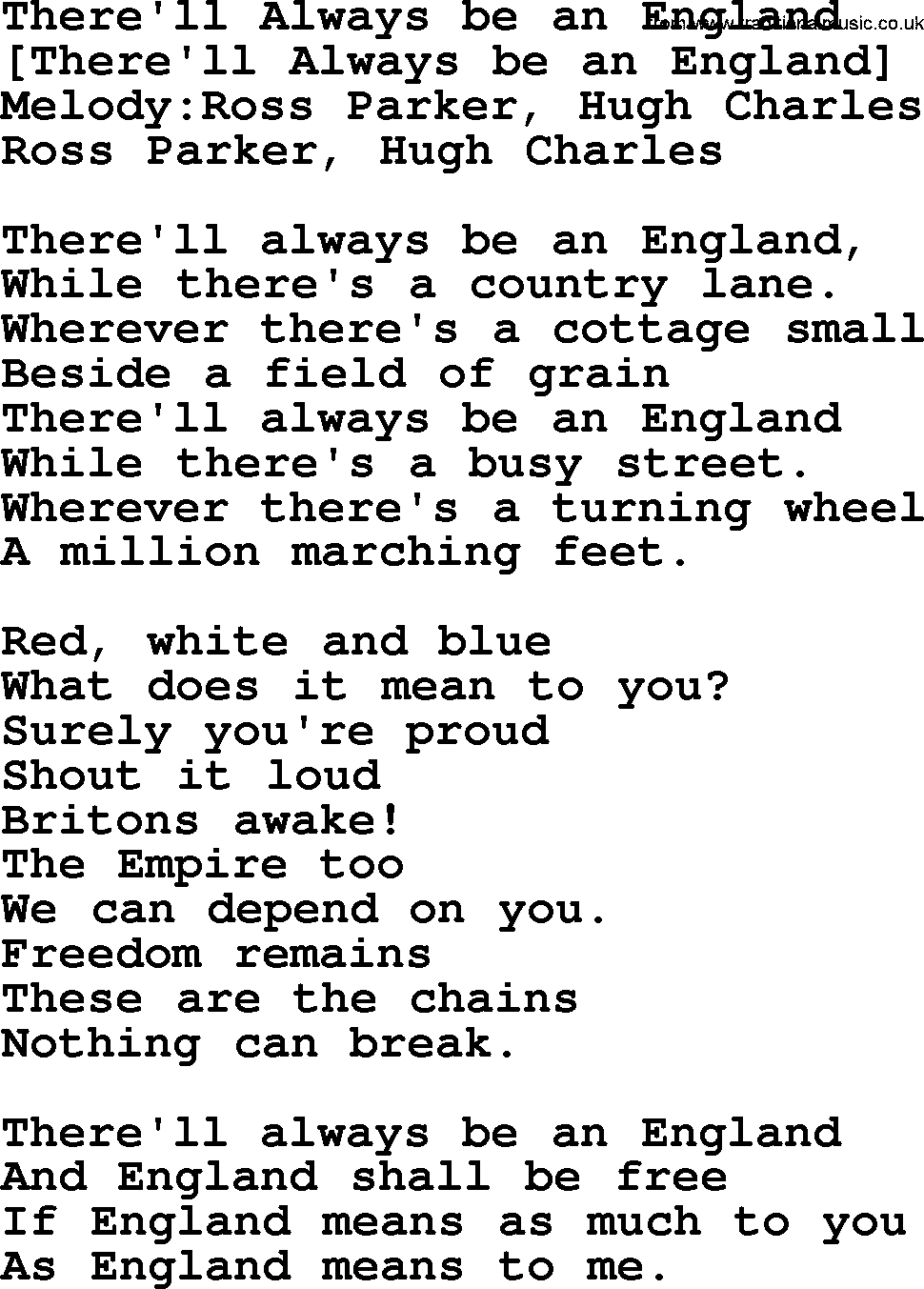 Old English Song: There'll Always Be An England lyrics