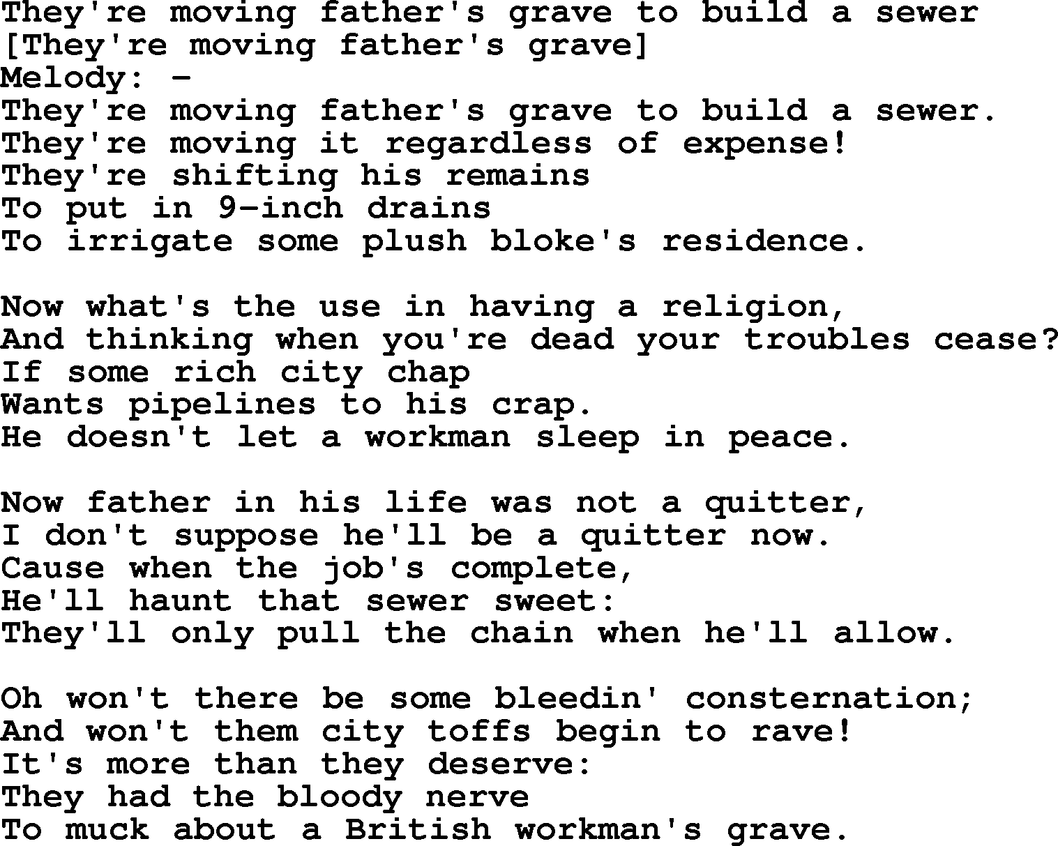 Old English Song: They're Moving Father's Grave To Build A Sewer lyrics
