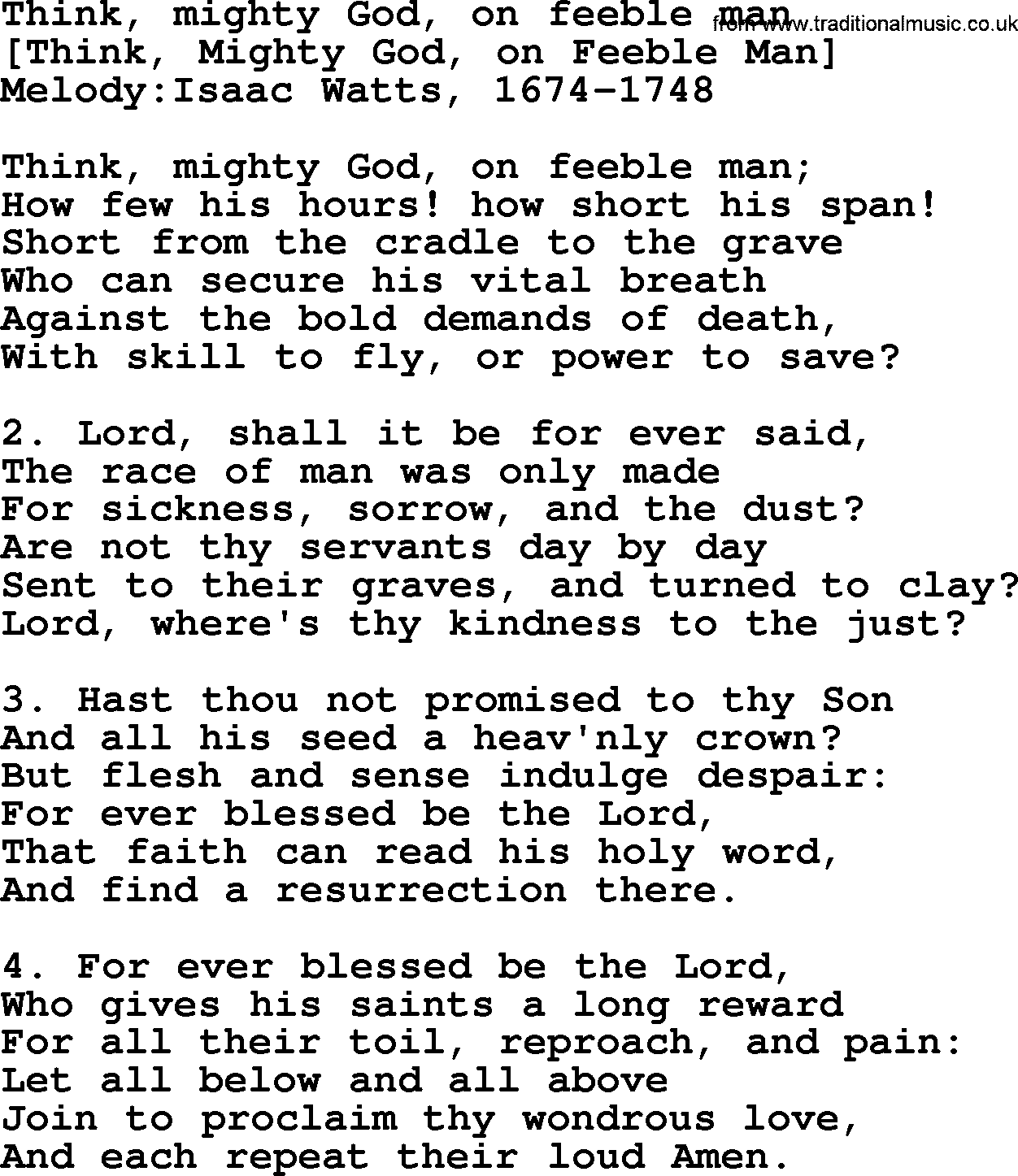 Old English Song: Think, Mighty God, On Feeble Man lyrics