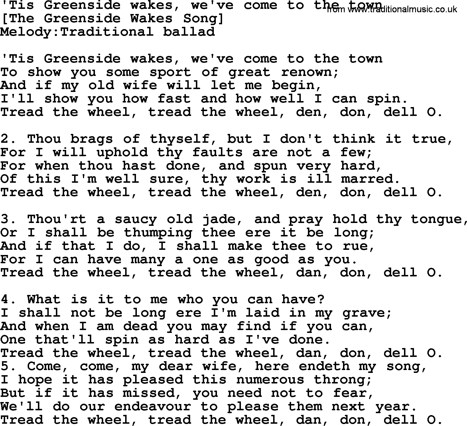 Old English Song: Tis Greenside Wakes, We've Come To The Town lyrics