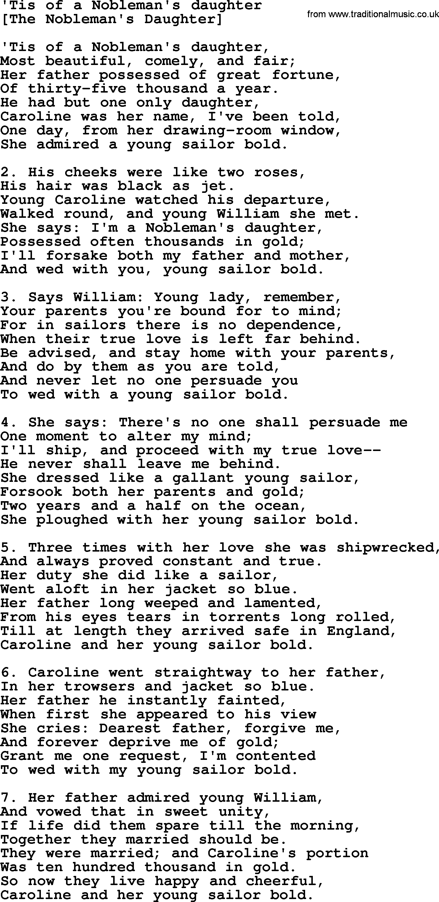 Old English Song: 'Tis Of A Nobleman's Daughter lyrics