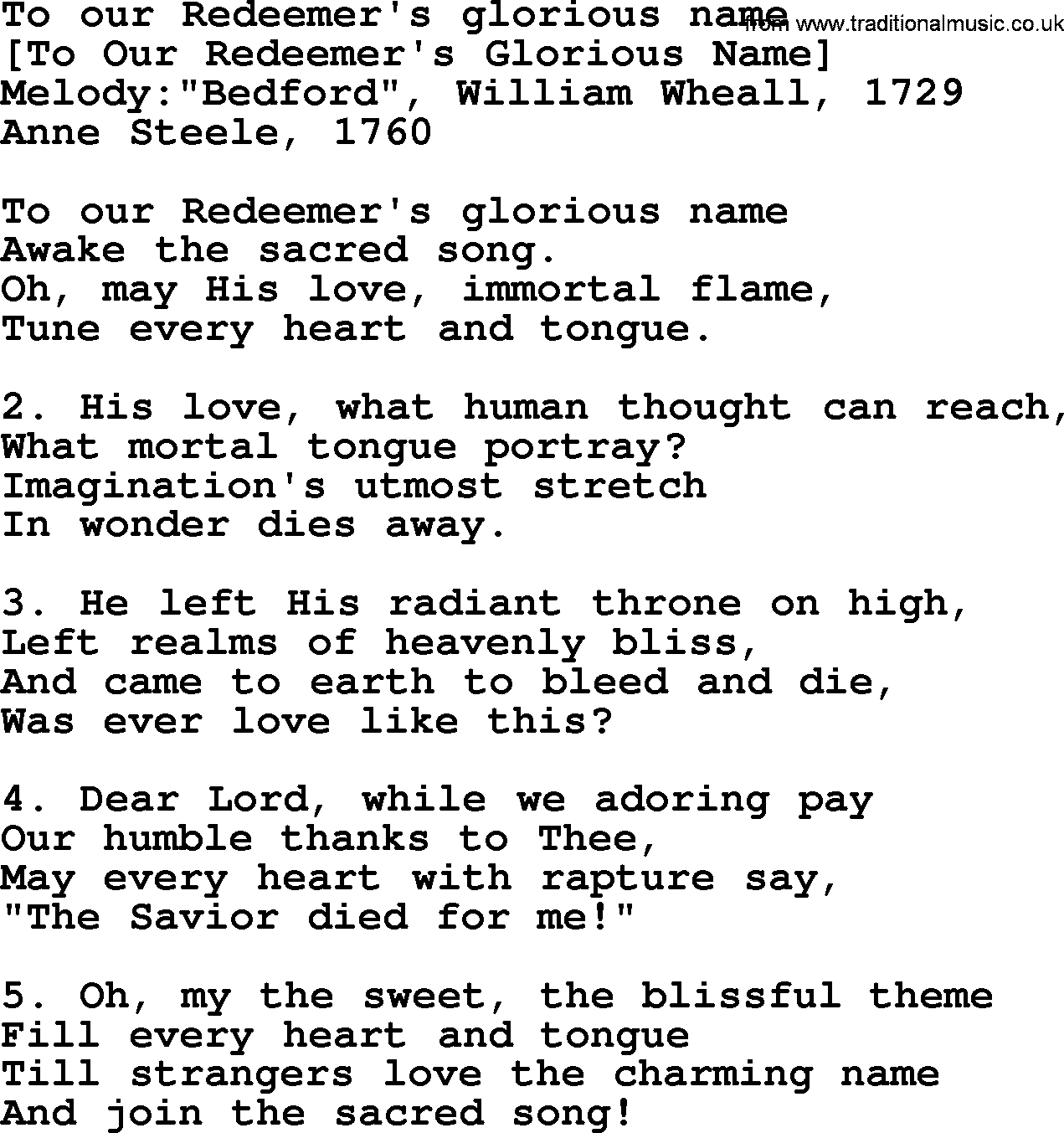 Old English Song: To Our Redeemer's Glorious Name lyrics