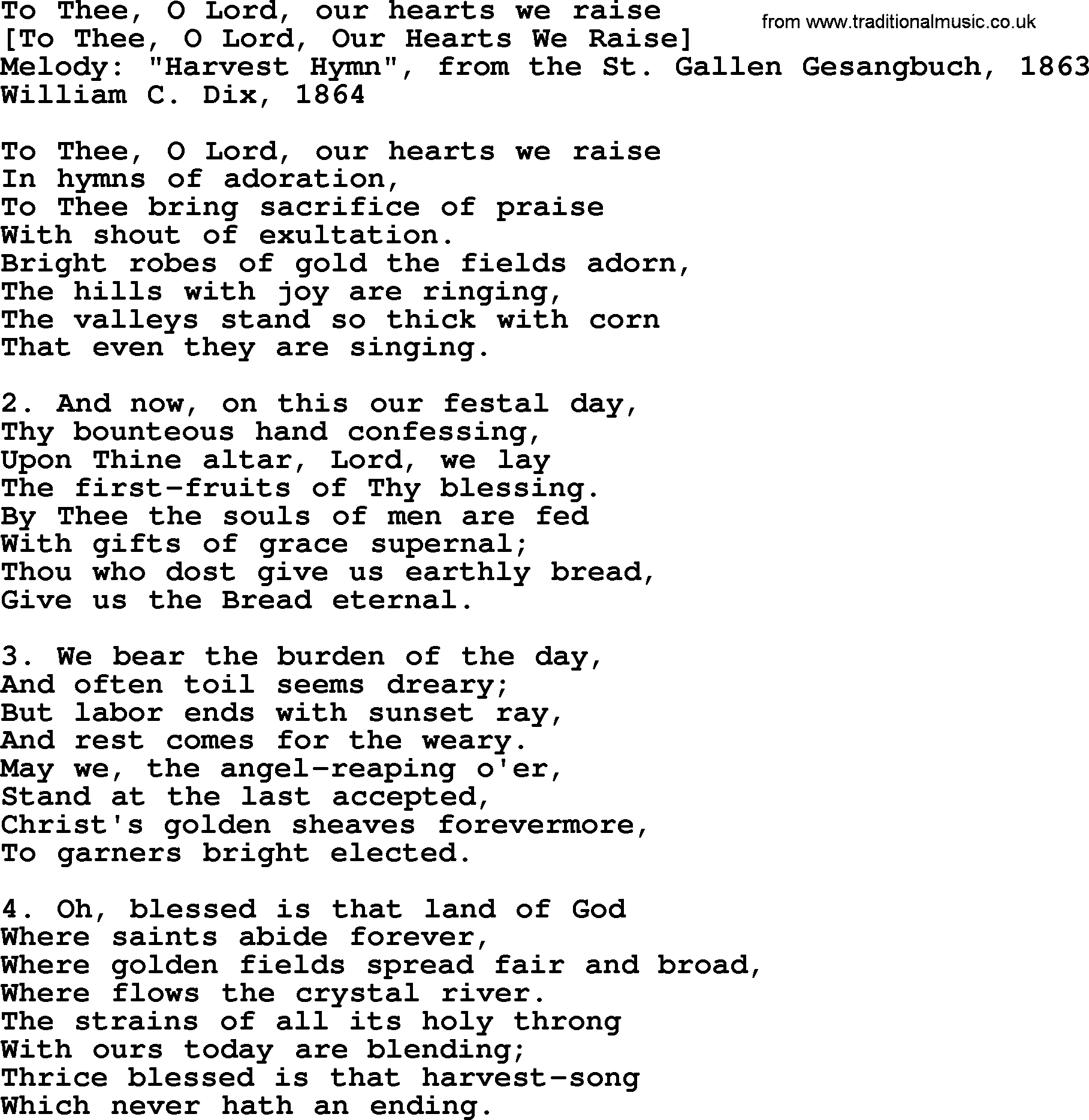Old English Song: To Thee, O Lord, Our Hearts We Raise lyrics