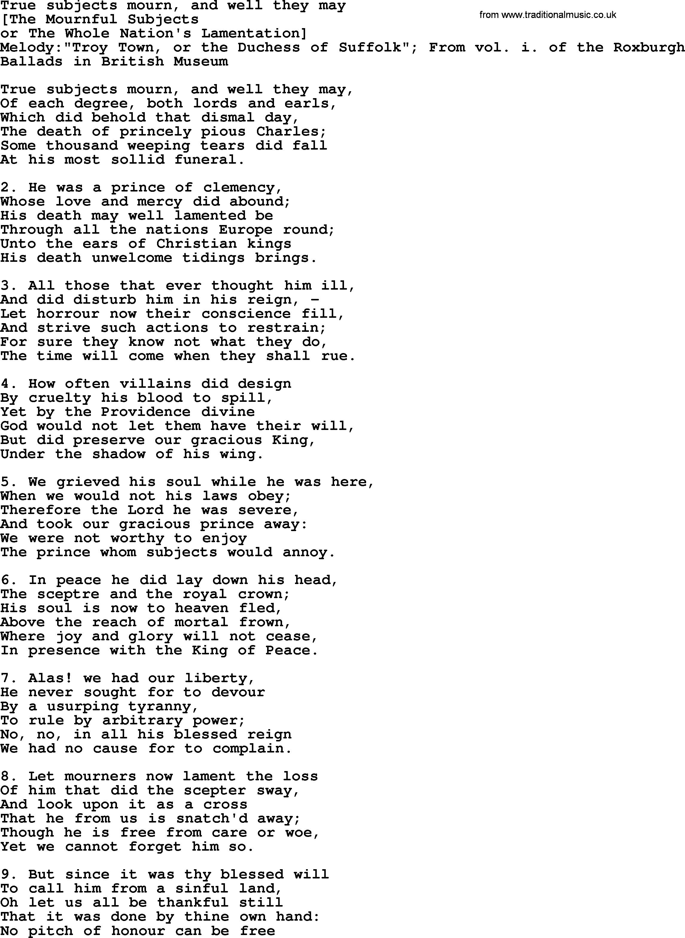 Old English Song: True Subjects Mourn, And Well They May lyrics