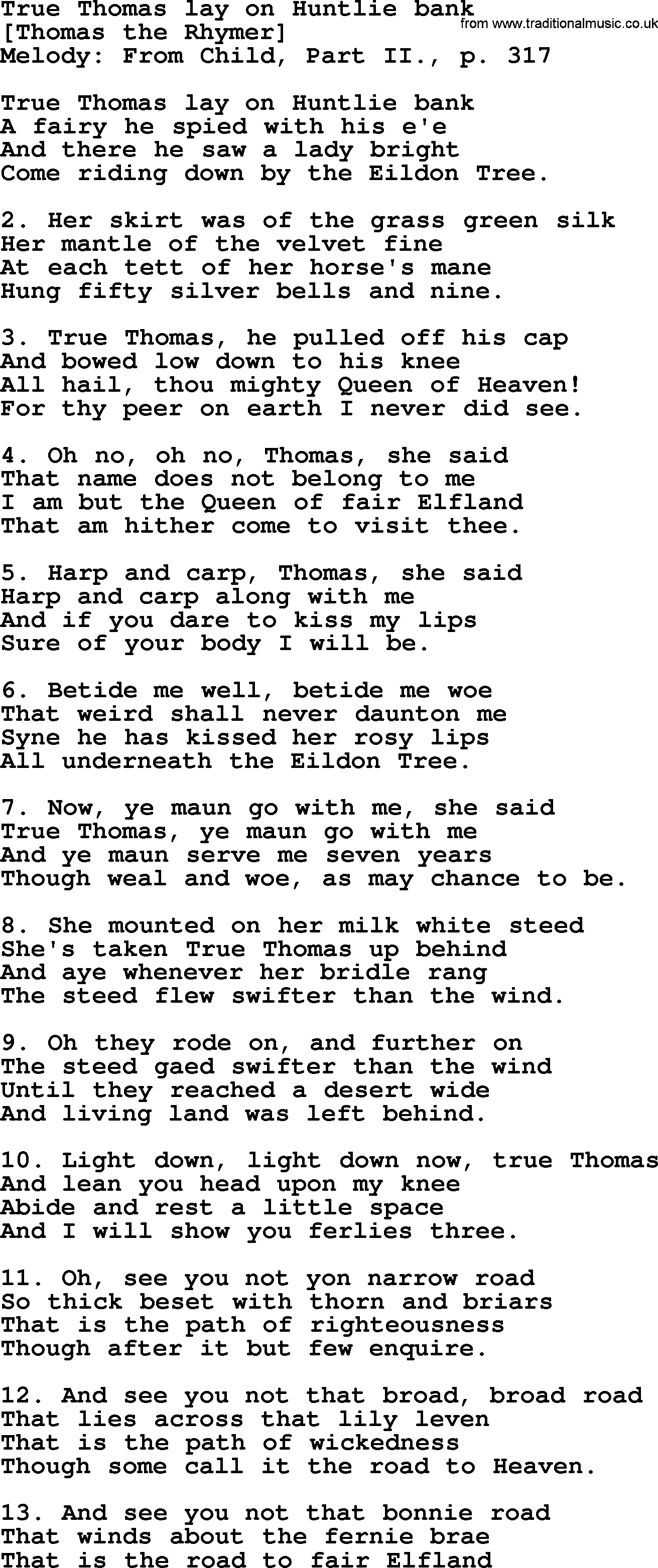 Old English Song: True Thomas Lay On Huntlie Bank lyrics