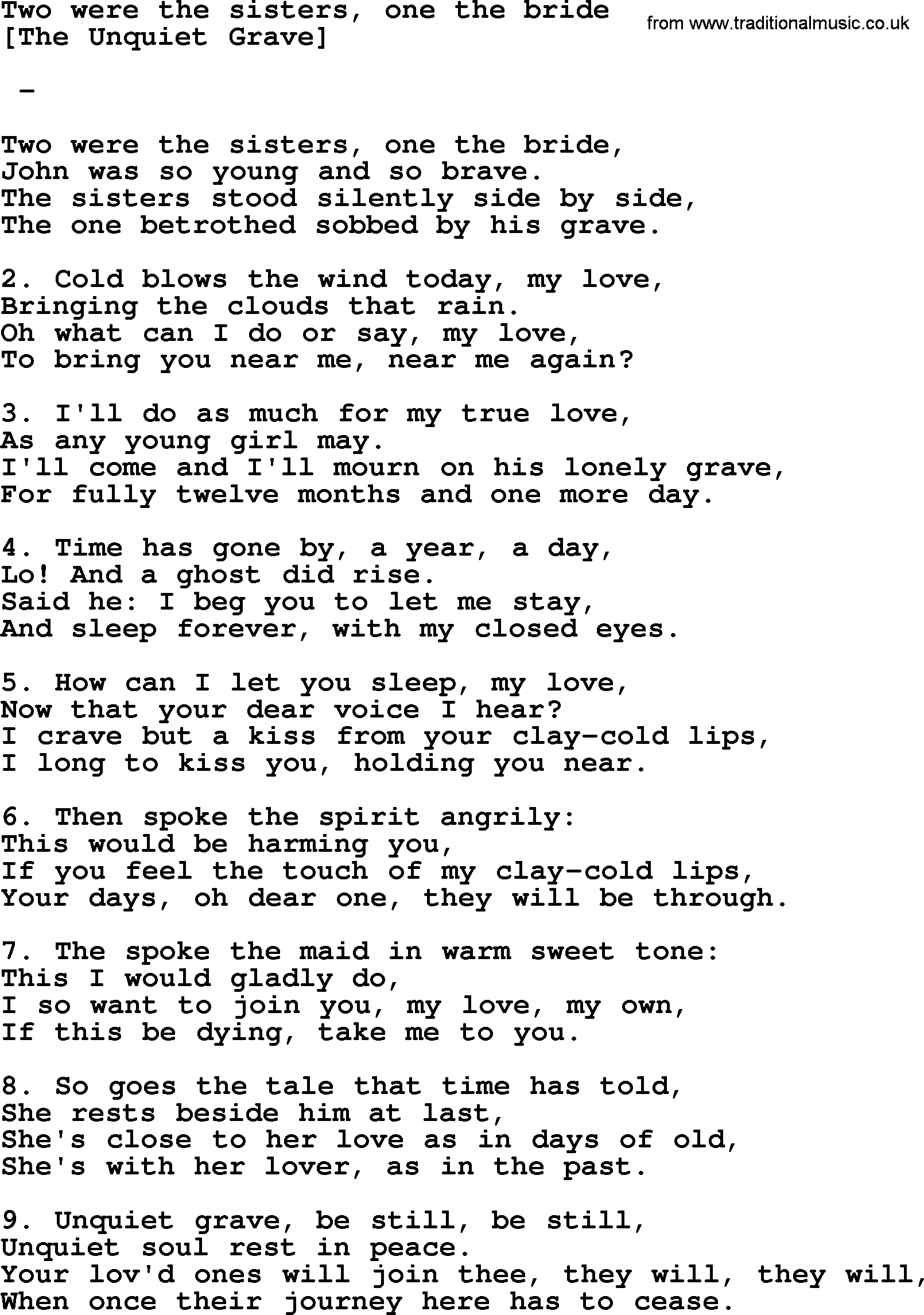 Old English Song: Two Were The Sisters, One The Bride lyrics