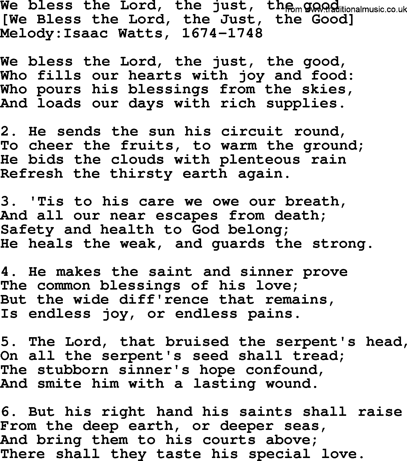 Old English Song: We Bless The Lord, The Just, The Good lyrics