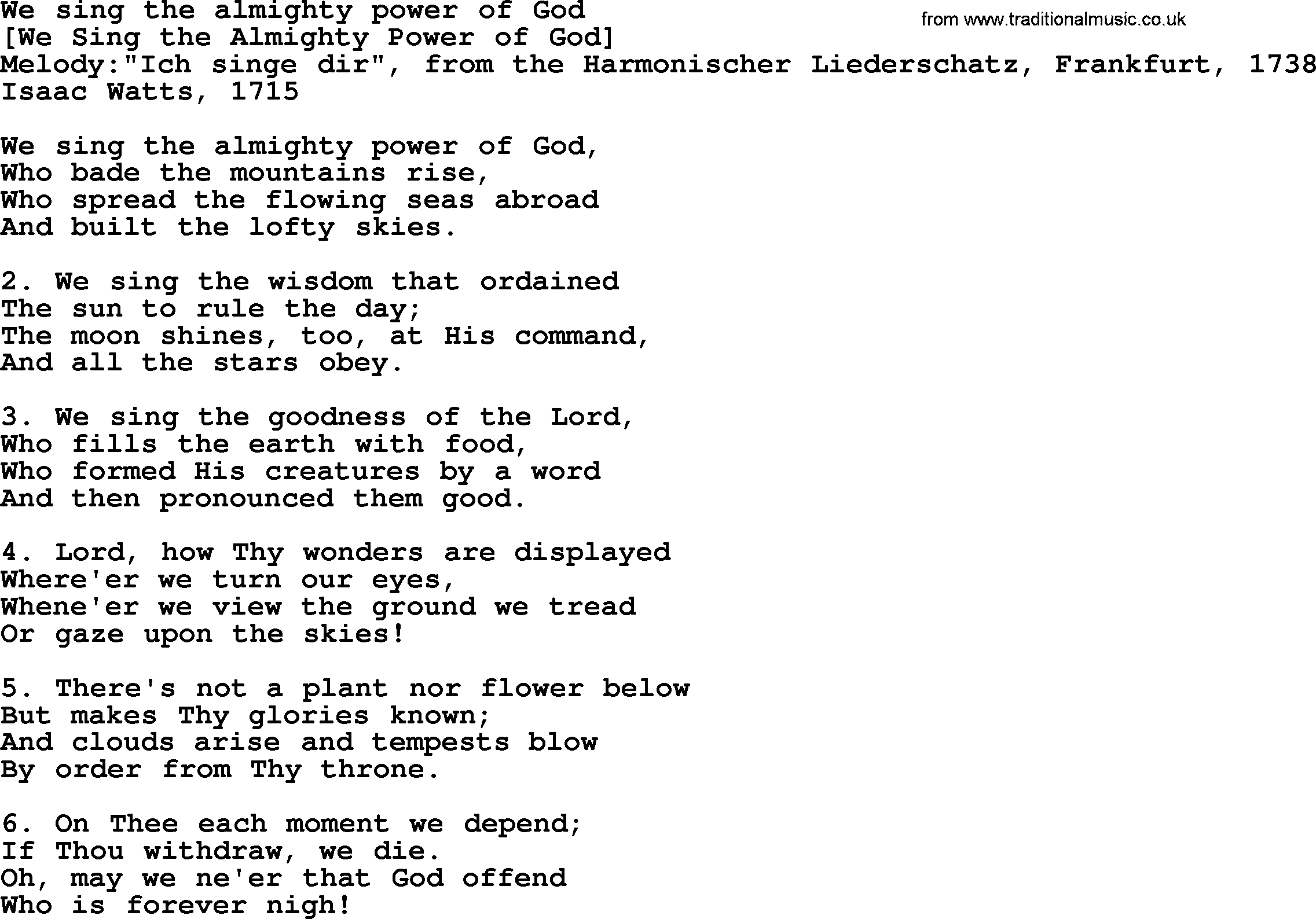 Old English Song: We Sing The Almighty Power Of God lyrics