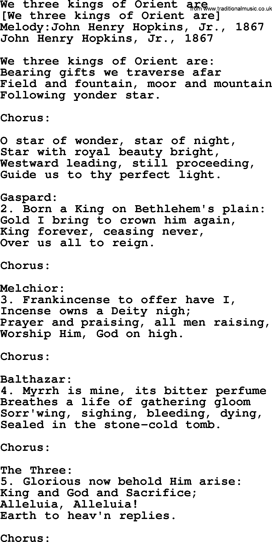 Old English Song Lyrics for We Three Kings Of Orient Are, with PDF