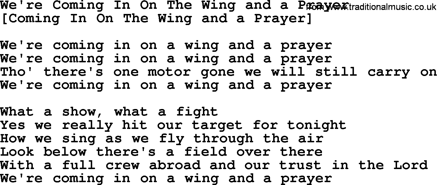 Old English Song: We're Coming In On The Wing And A Prayer lyrics