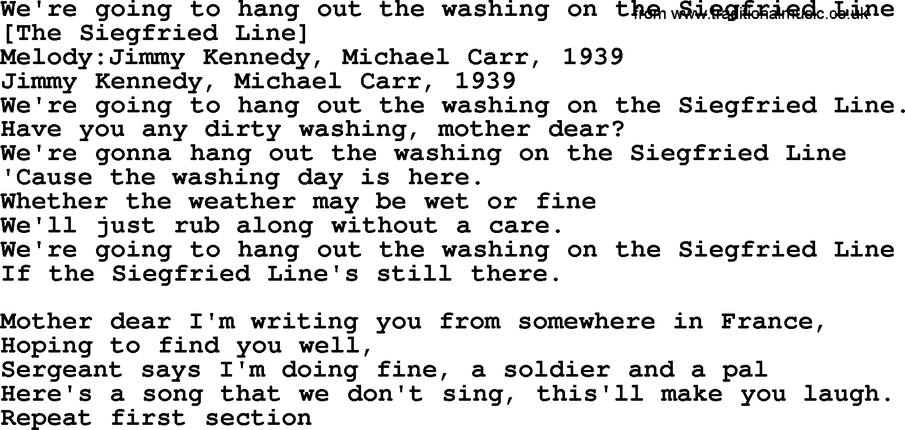 Old English Song: We're Going To Hang Out The Washing On The Siegfried Line lyrics
