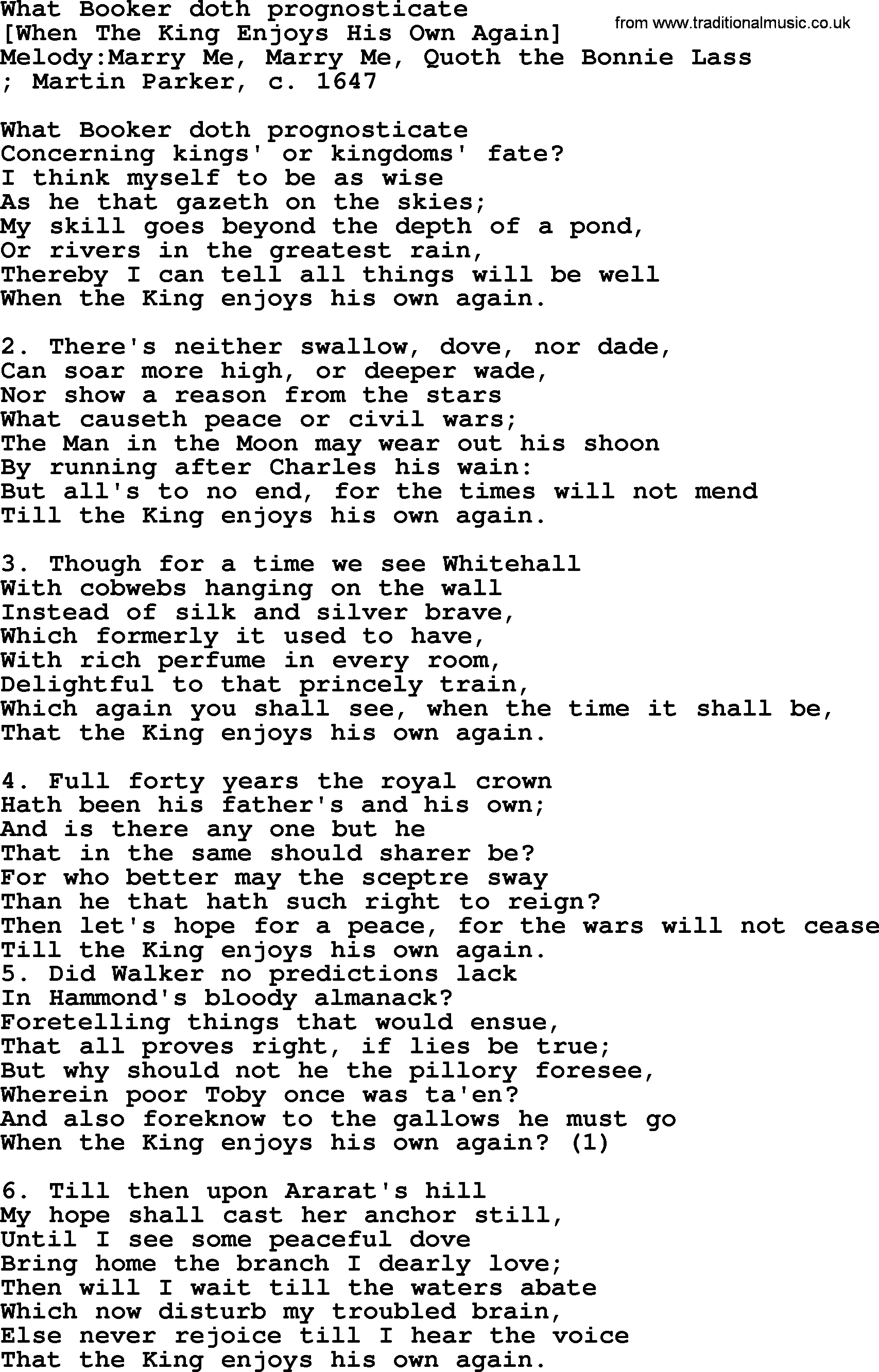 Old English Song: What Booker Doth Prognosticate lyrics