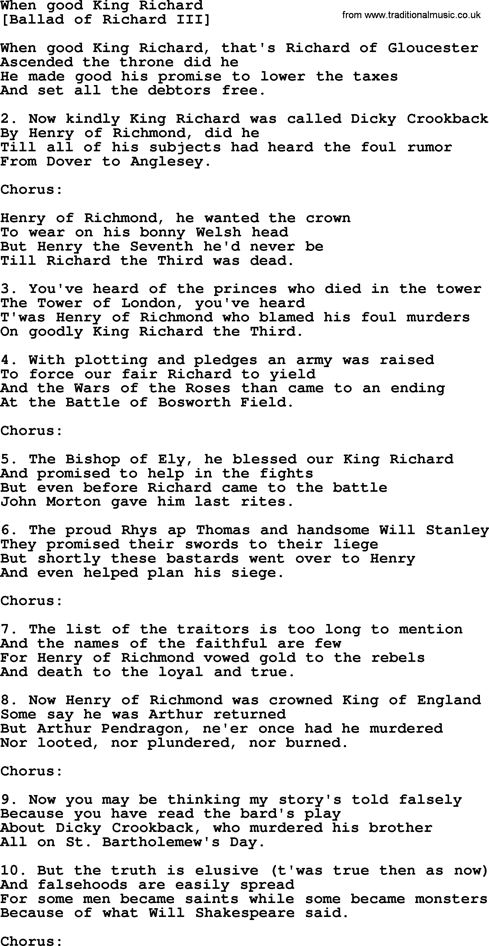 Old English Song: When Good King Richard lyrics