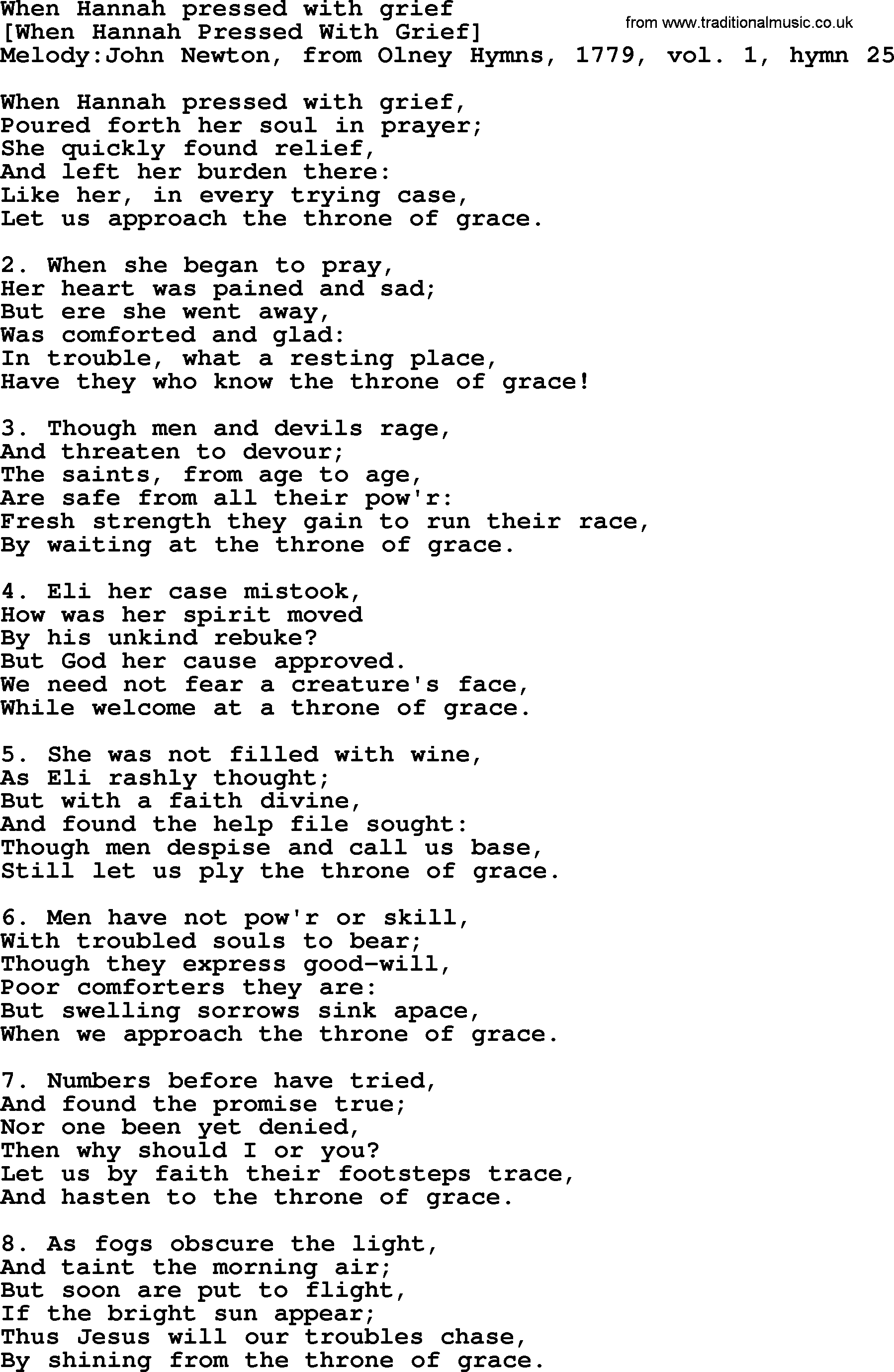 Old English Song: When Hannah Pressed With Grief lyrics