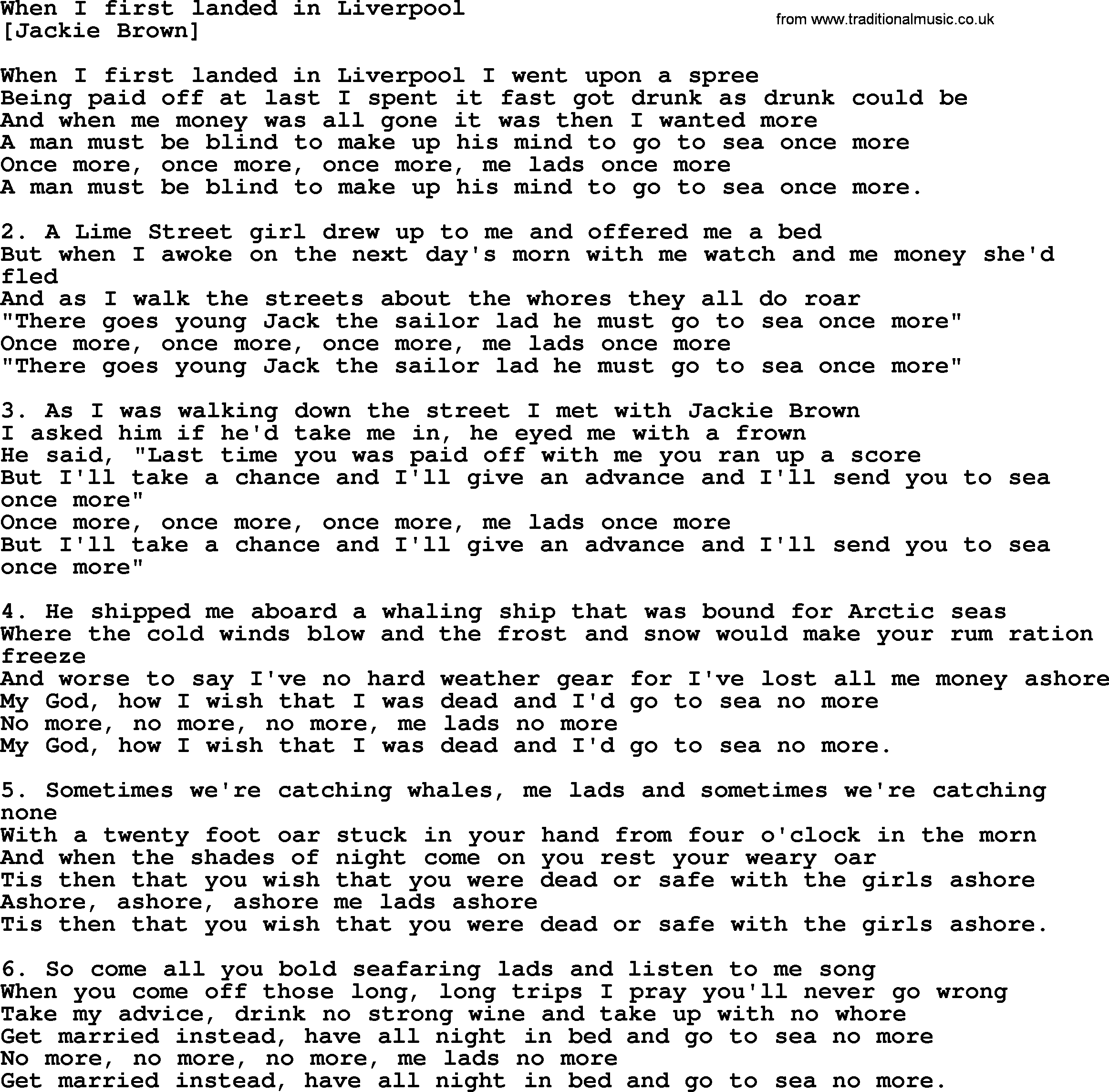 Old English Song: When I First Landed In Liverpool lyrics