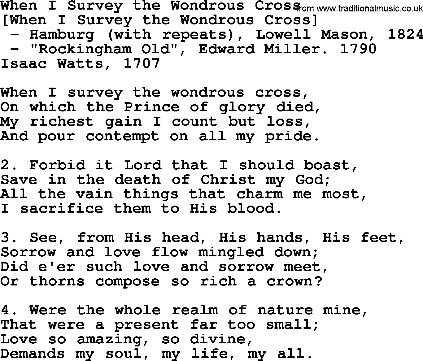 Old English Song: When I Survey The Wondrous Cross lyrics