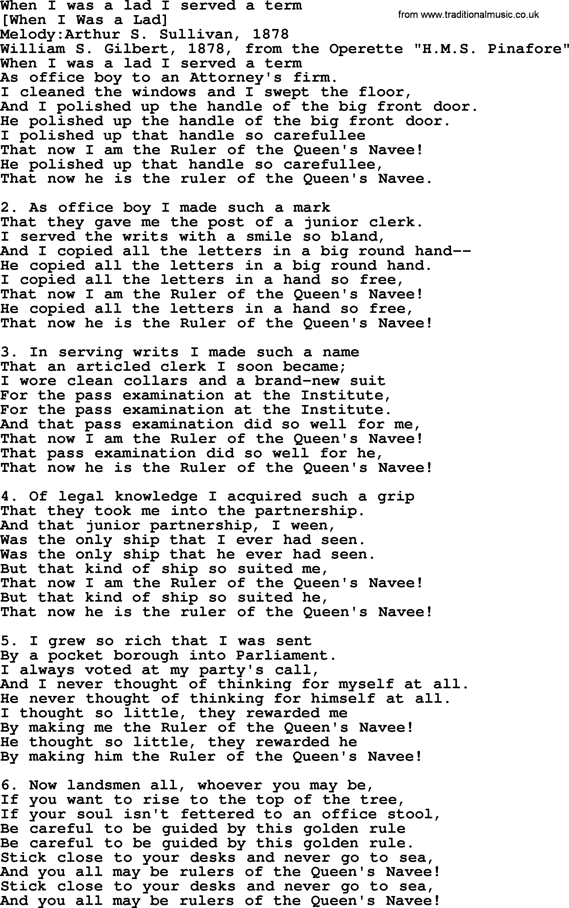 Old English Song: When I Was A Lad I Served A Term lyrics